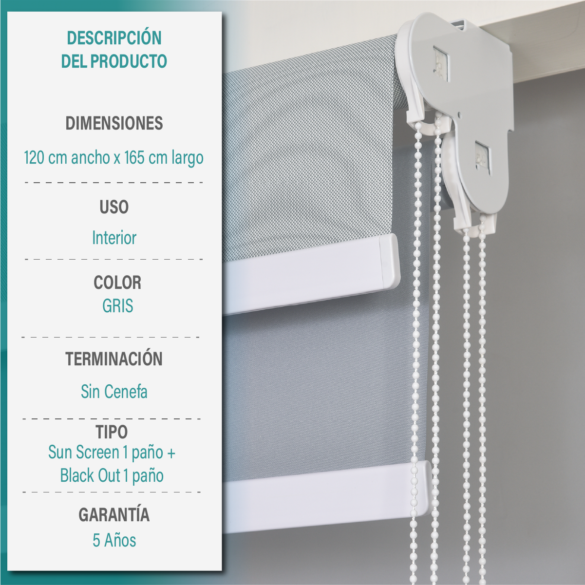 Cortina Roller Doble Blackout y Sunscreen 120X165 Cm Color Gris Marca Aura-5