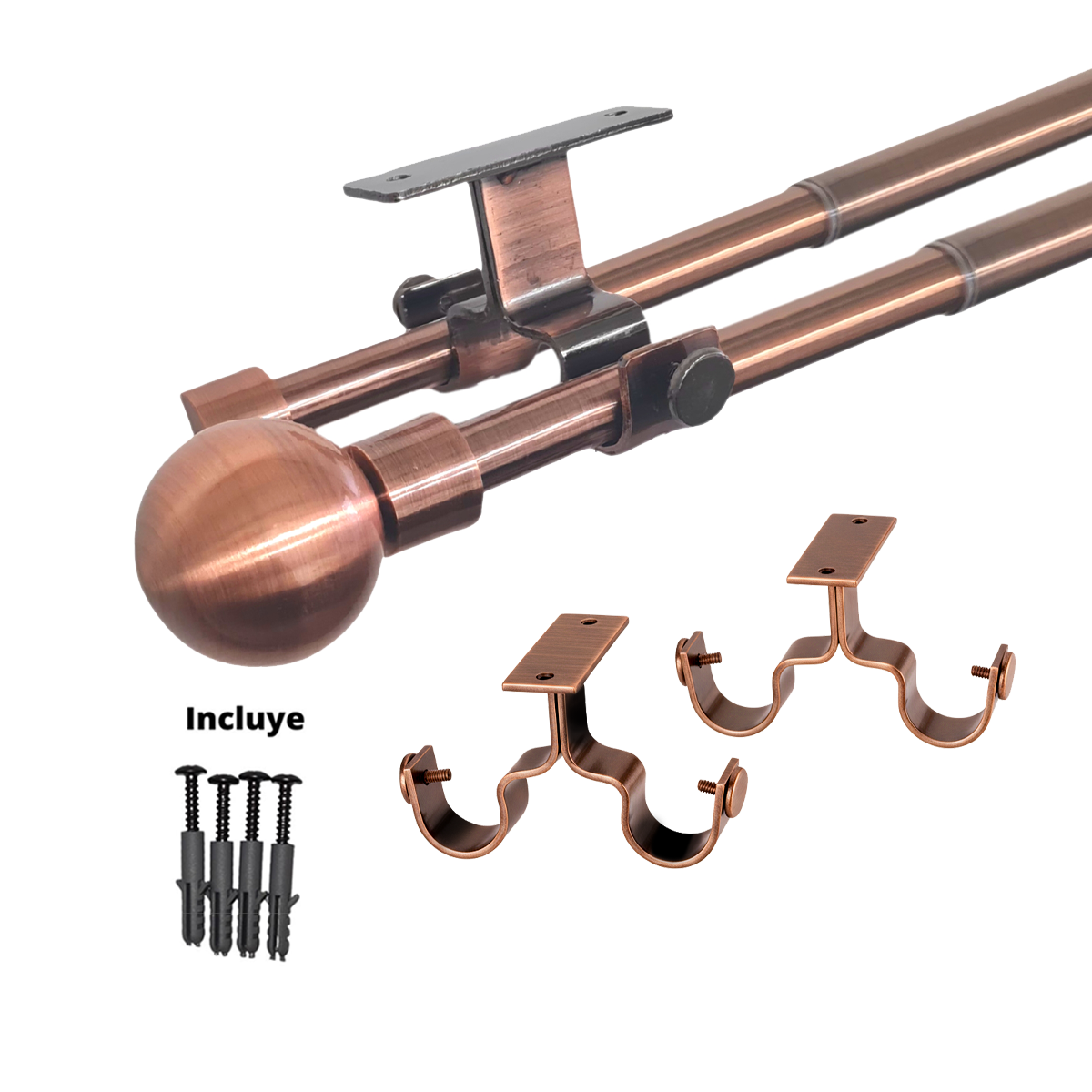 Set Barras para Cortina Doble 16/19 Mm Extensible 75-110 Cm A Techo Cobre Bola-3