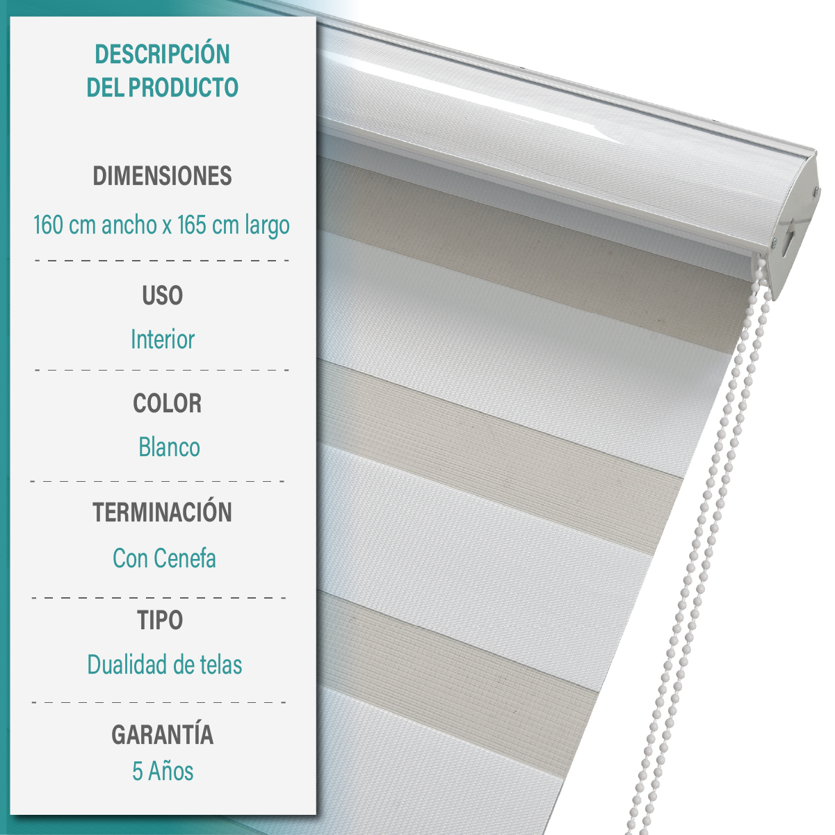 Cortina Roller Duo Zebra Día Y Noche 160 X 165 Cm Color Blanco Marca Aura-5