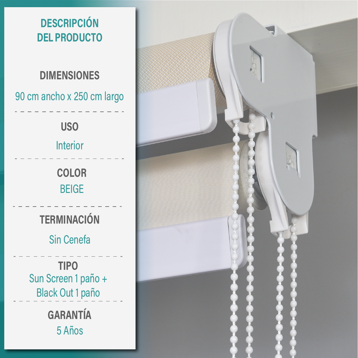 Cortina Roller Doble Blackout y Sunscreen 090X250 Cm Color Beige Marca Aura-5