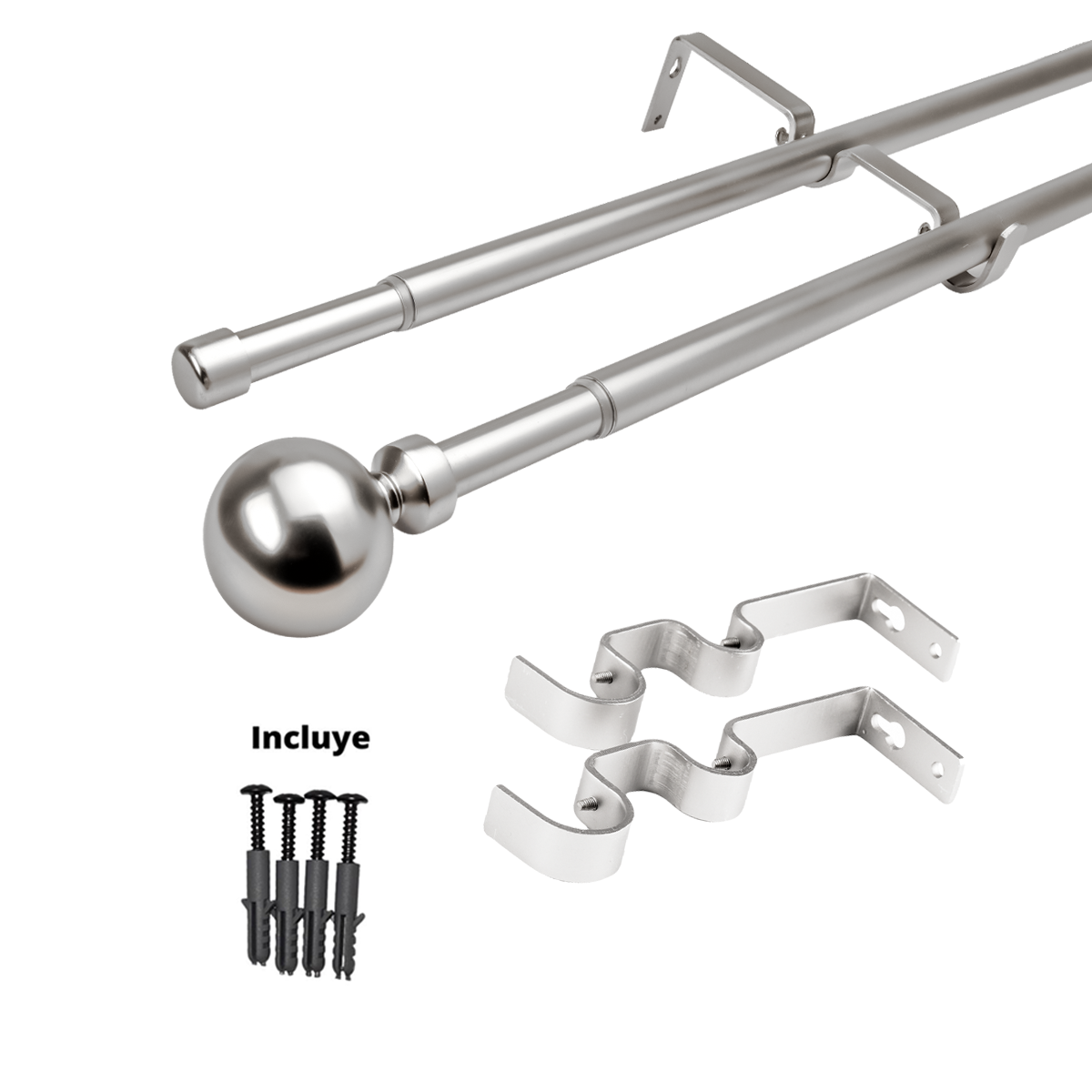 Set Barras para Cortina Doble 16/19 Mm Extensible 120-210 Cm A Muro Satín Bola-3