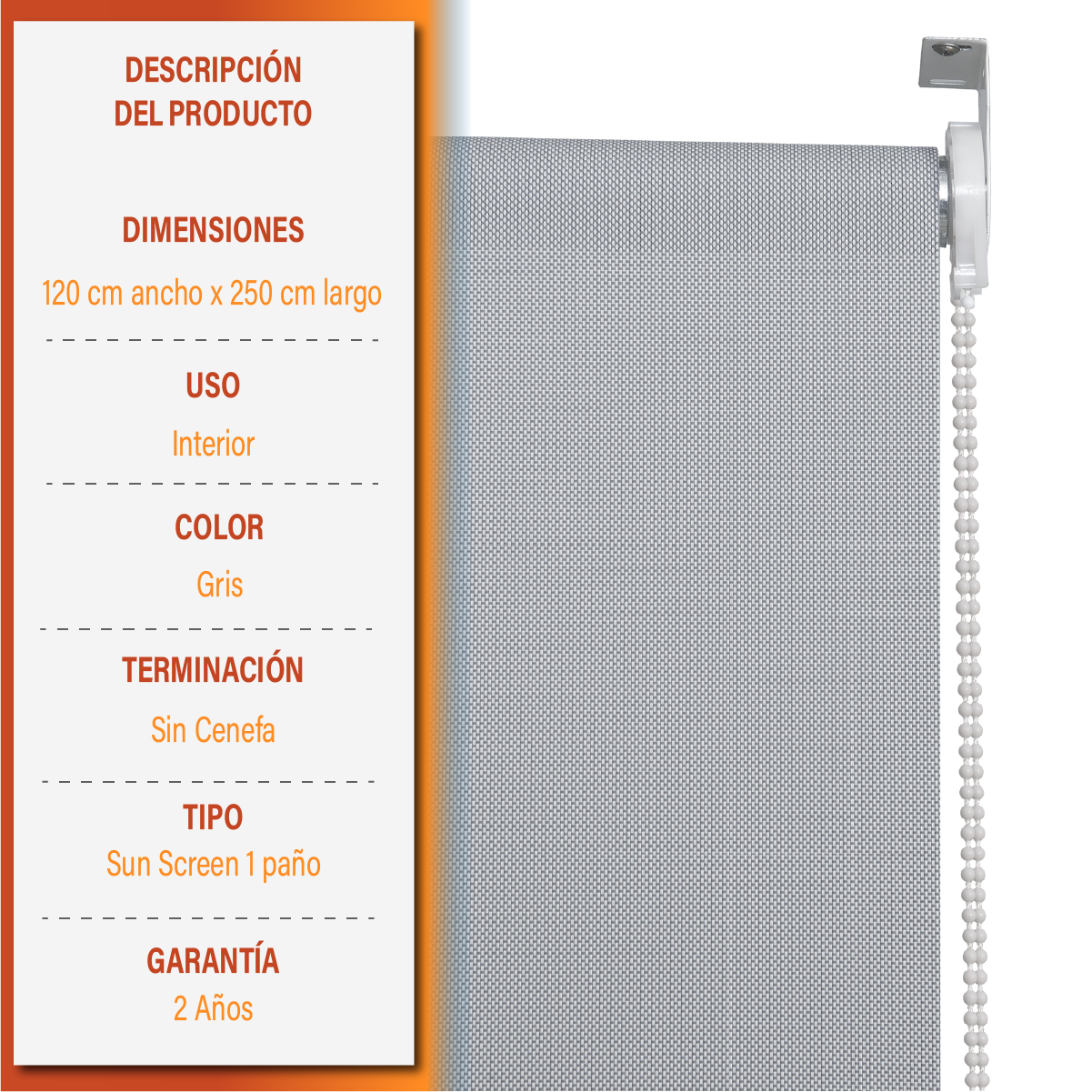 Cortina Roller Sunscreen 120 X 250 Cm Color Gris Marca Sunfree-7