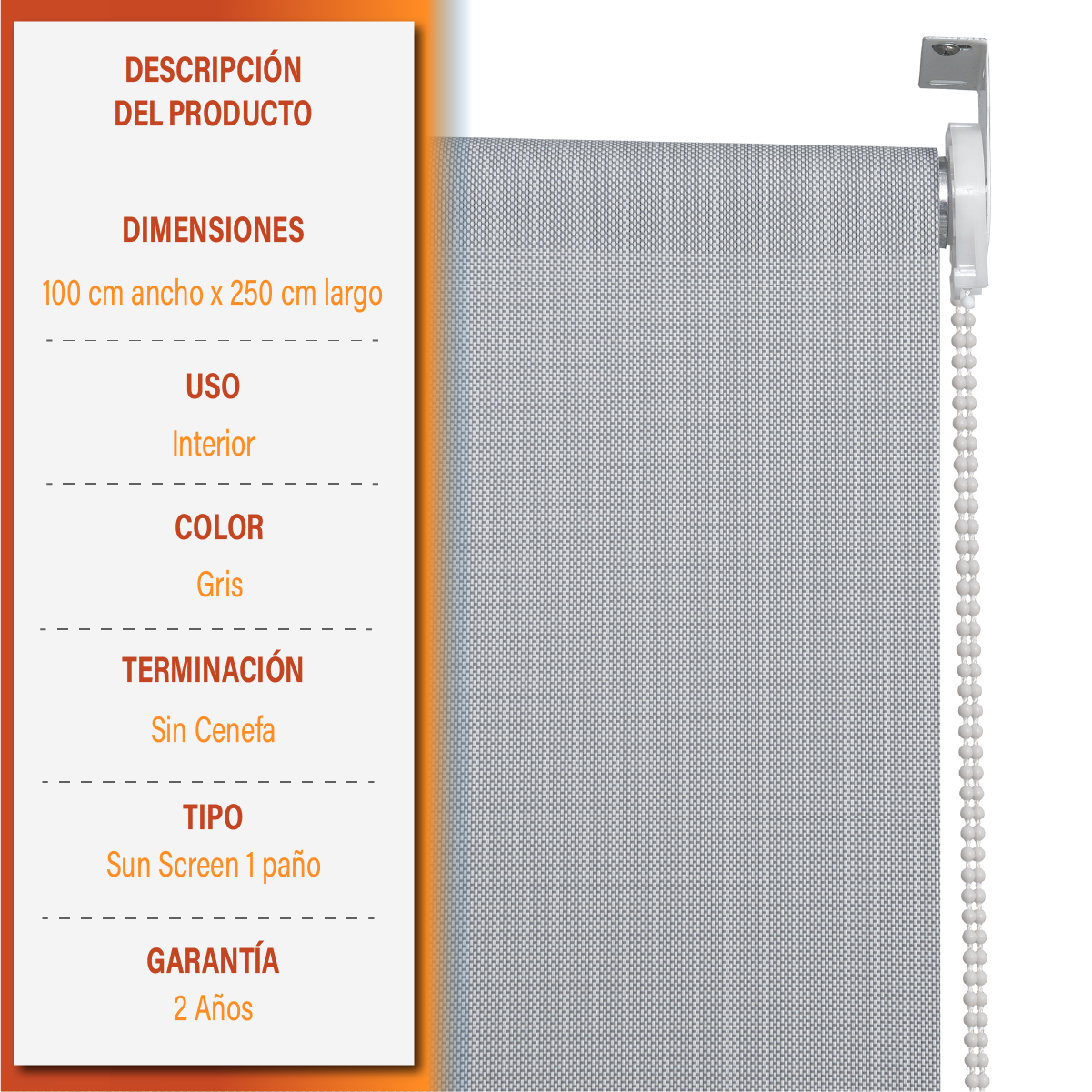 Cortina Roller Sunscreen 100 X 250 Cm Color Gris Sunfree-7