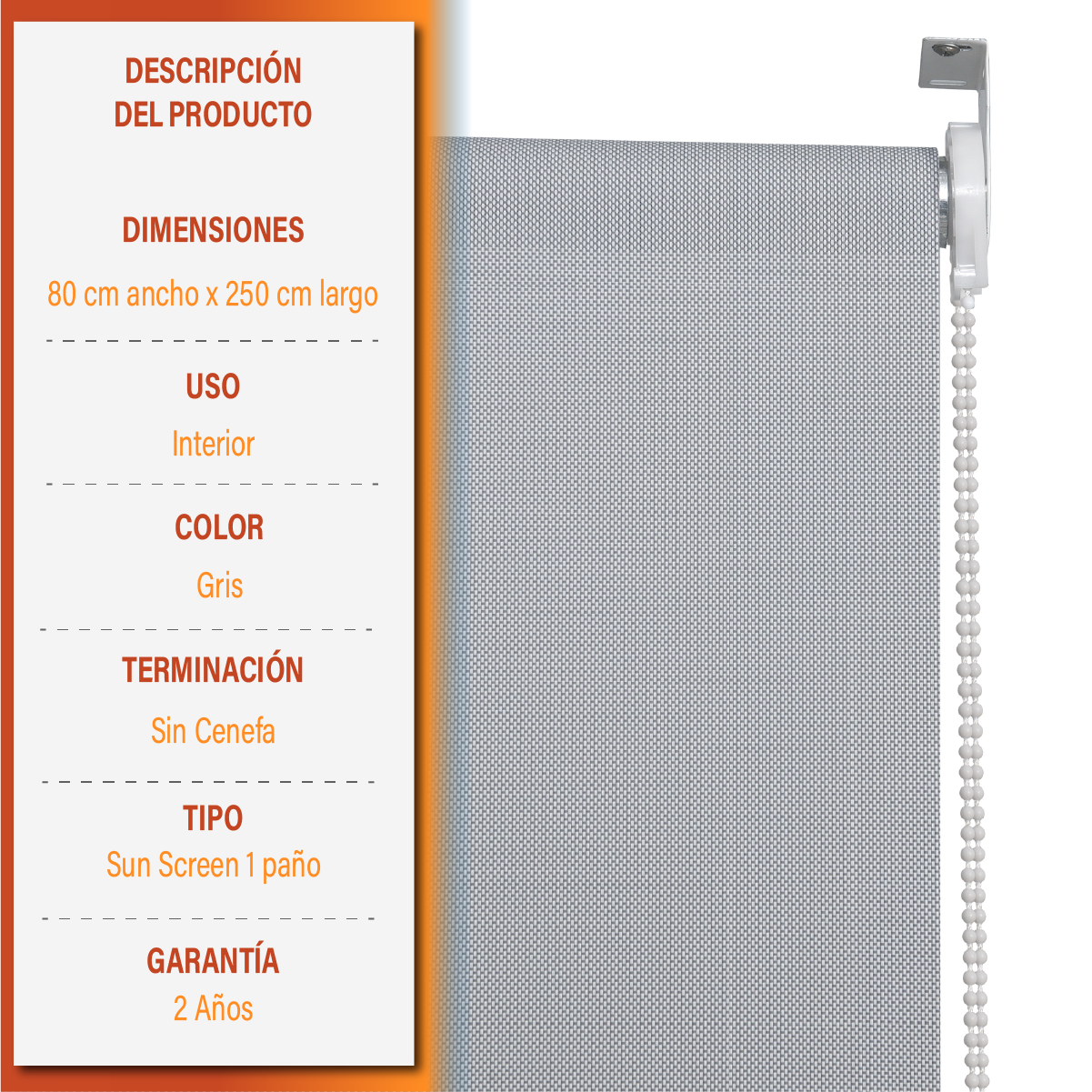 Cortina Roller Sunscreen 080X250 Cm Color Gris Marca Sunfree-7