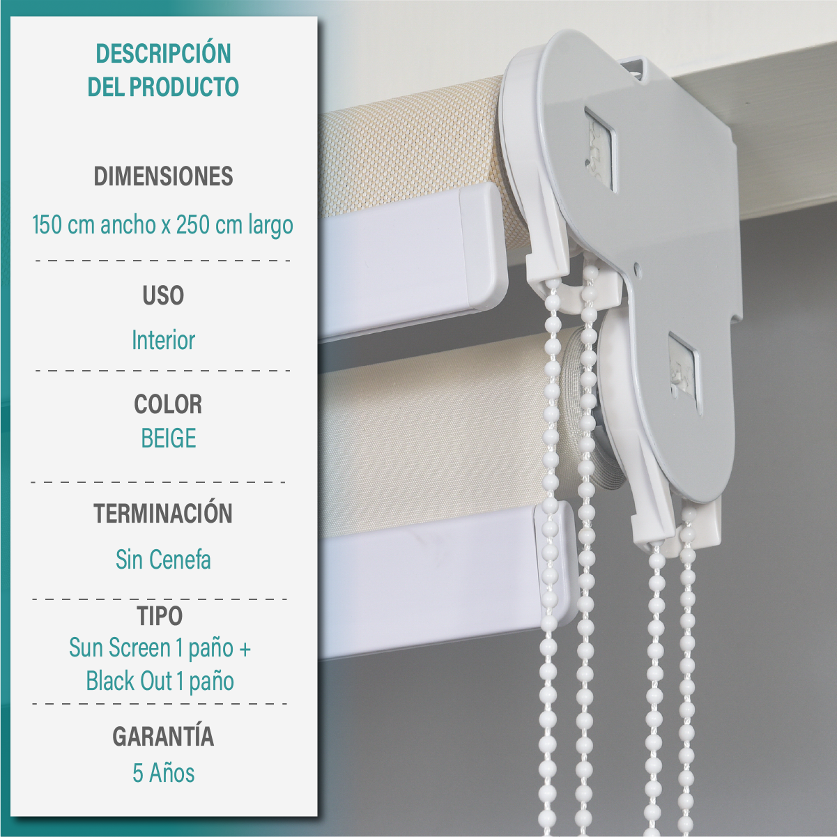 Cortina Roller Doble Blackout y Sunscreen 150X250 Cm Color Beige Marca Aura-5