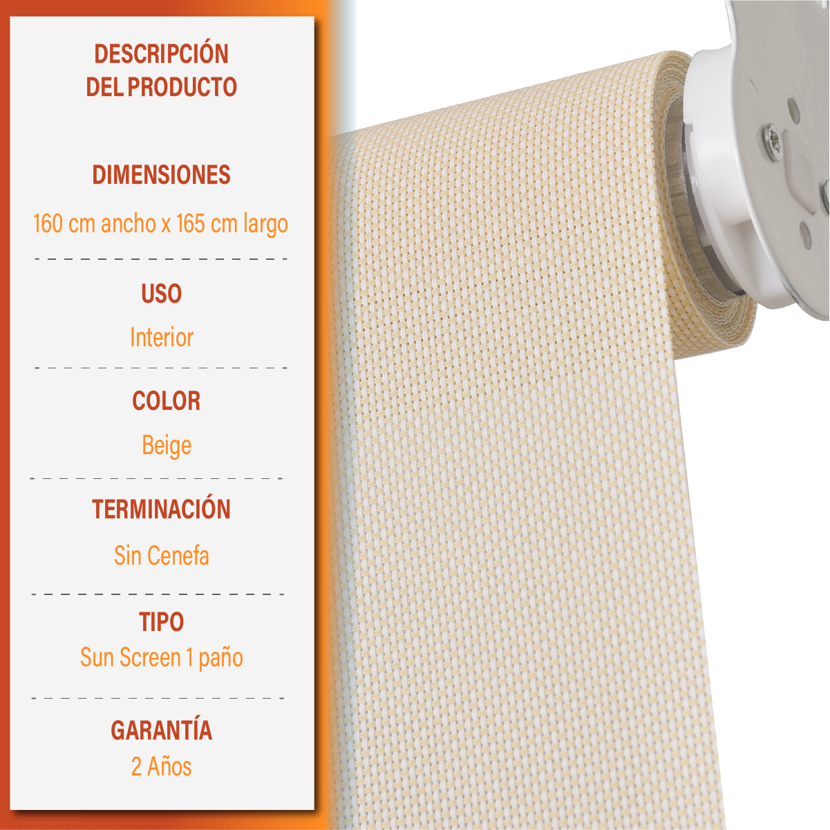 Cortina Roller Sunscreen 160 X 165 Cm Color Beige Marca Sunfree-6