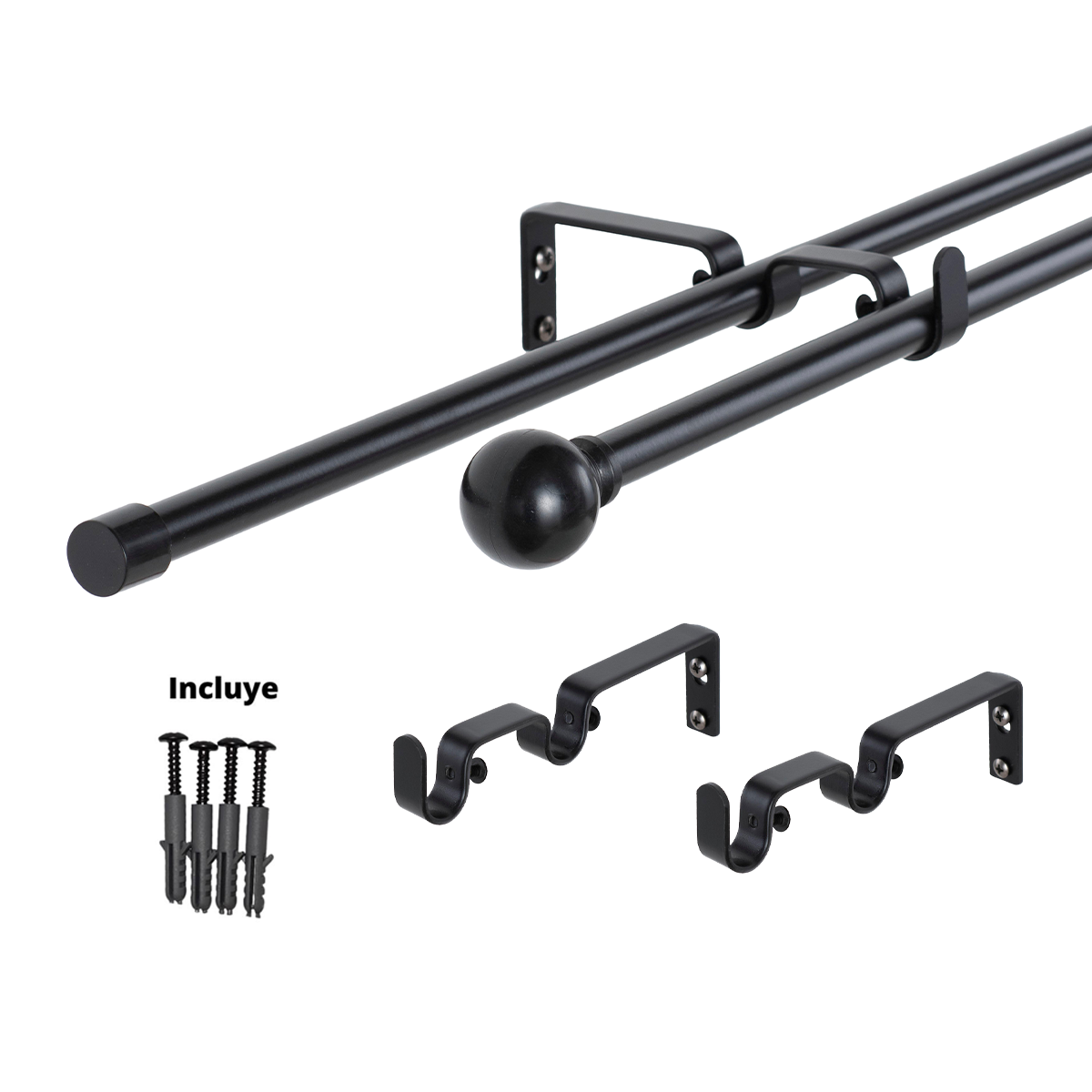 Set Barras para Cortina Doble 16/19 Mm Extensible 170-320 Cm A Muro Negro Bola-5