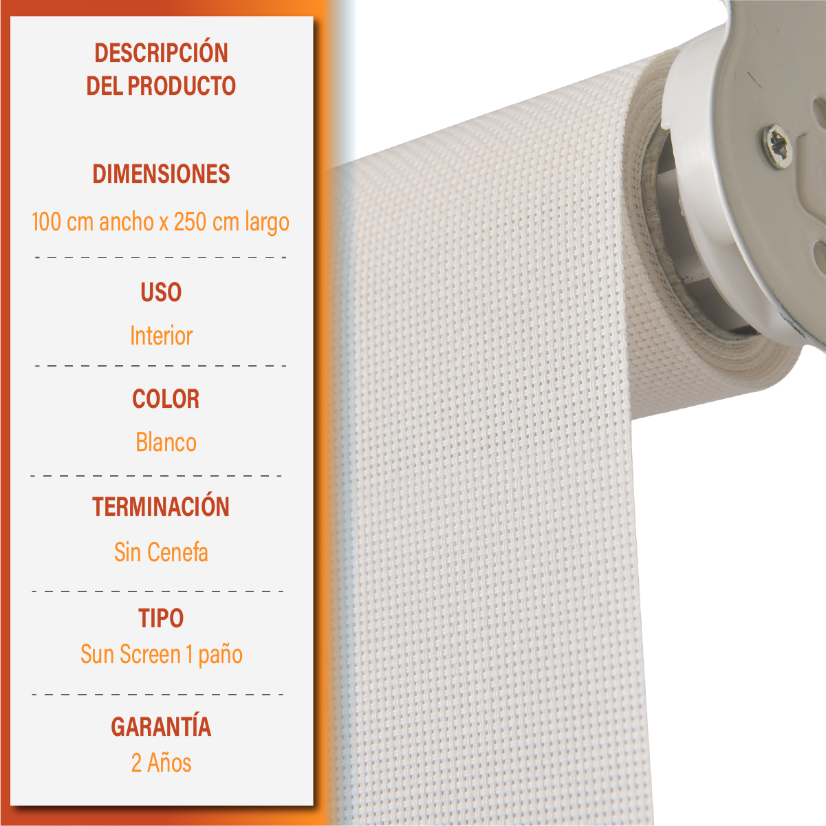 Cortina Roller Sunscreen 100 X 250 Cm Color Blanco Sunfree-8