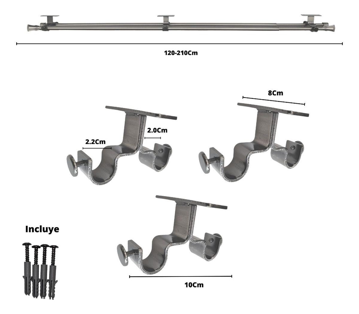 Set Barras para Cortina Doble 16/19 Mm Extensible 120-210 Cm A Techo Satín Cónico-3