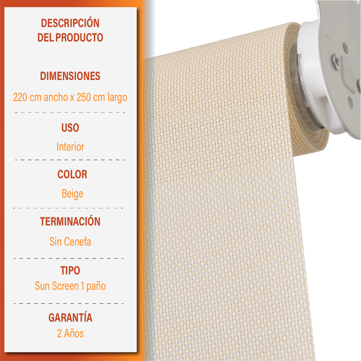 Cortina Roller Sunscreen 220 X 250 Cm Color Beige Marca Sunfree-8