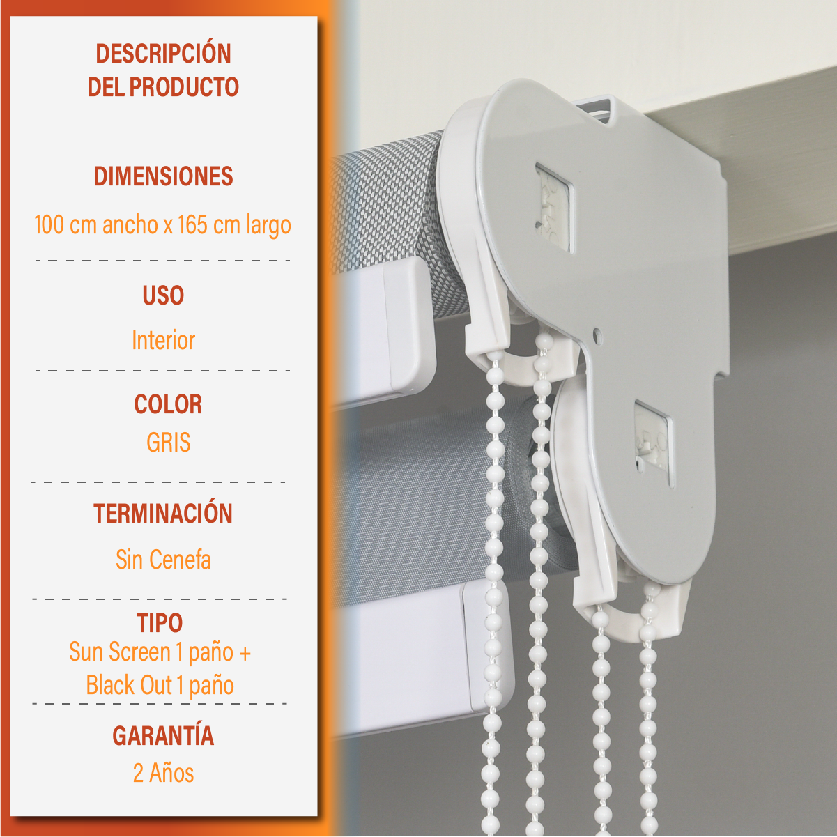 Cortina Roller Doble Blackout y Sunscreen 100 X 165 Cm Color Gris Marca Sunfree-8
