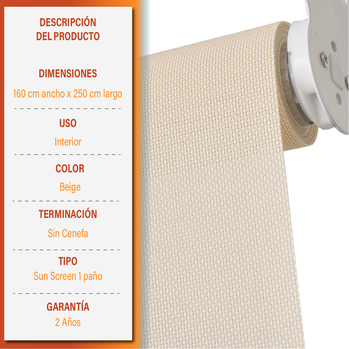 Cortina Roller Sunscreen 160 X 250 Cm Color Beige Marca Sunfree-6