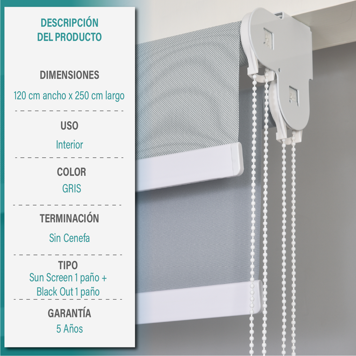 Cortina Roller Doble Blackout y Sunscreen 120X250 Cm Color Gris Marca Aura-5