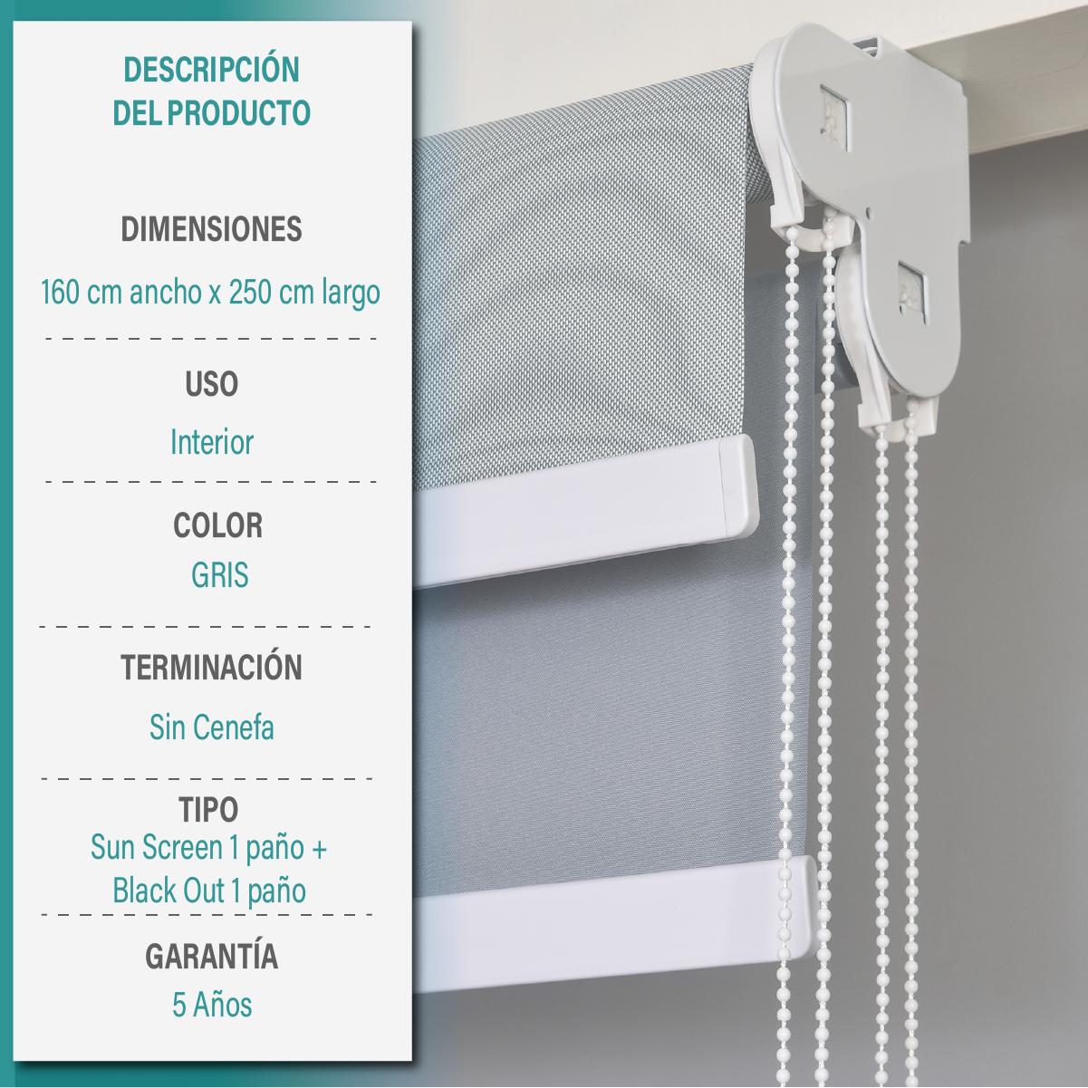 Cortina Roller Doble Blackout y Sunscreen 160X250 Cm Color Gris Marca Aura-5