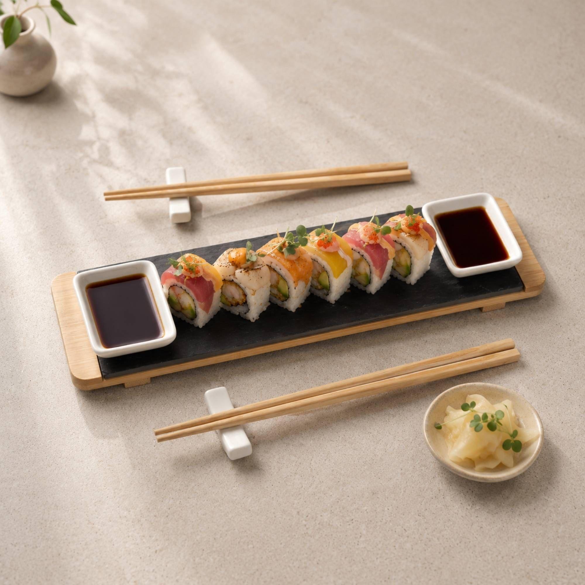 Set Sushi para 2 Personas en Tabla Bamboo y Palillos-3