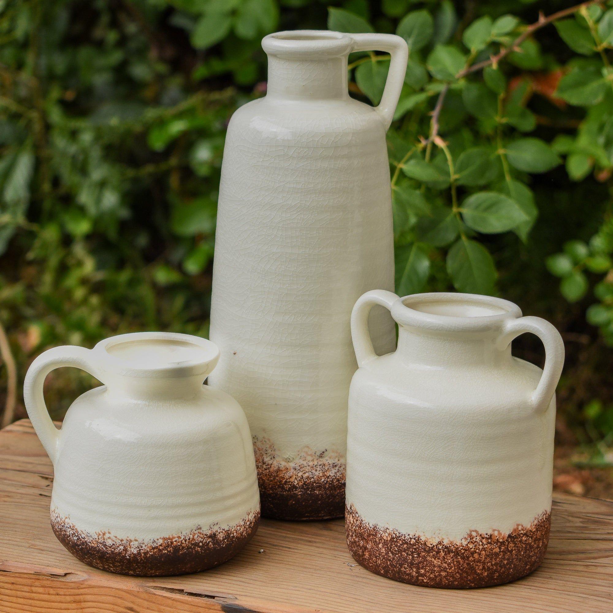 Set 3 Jarrones cerámica decorativo Blanco-Marrón Rustico-2