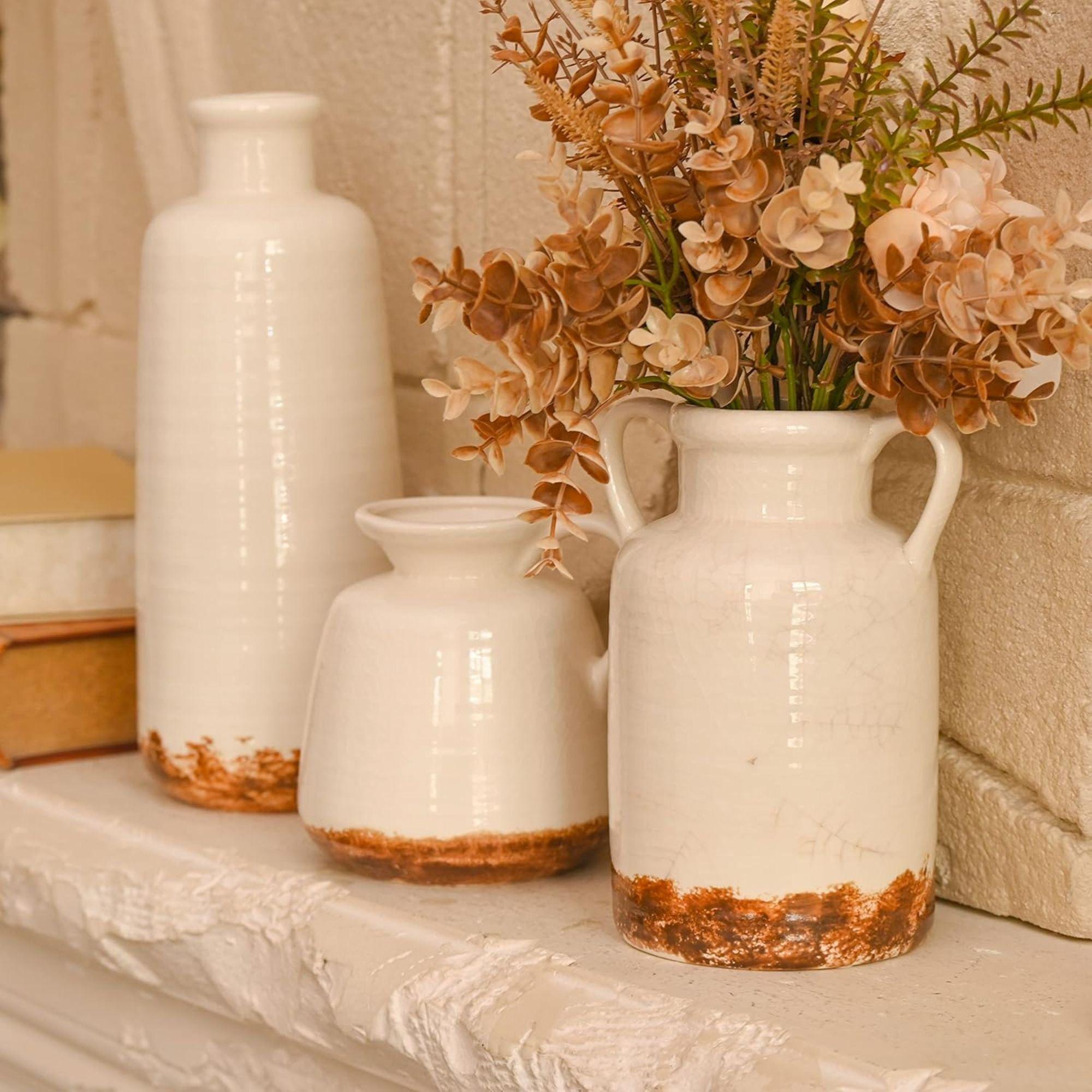 Set 3 Jarrones cerámica decorativo Blanco-Marrón Rustico-5