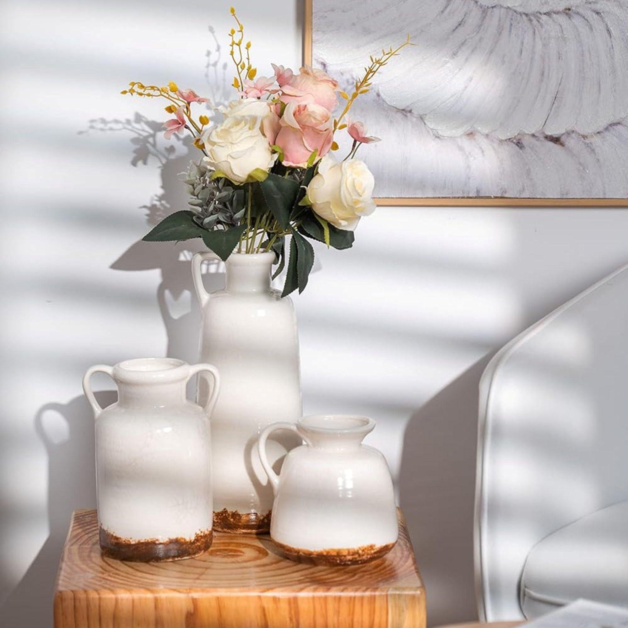 Set 3 Jarrones cerámica decorativo Blanco-Marrón Rustico-7