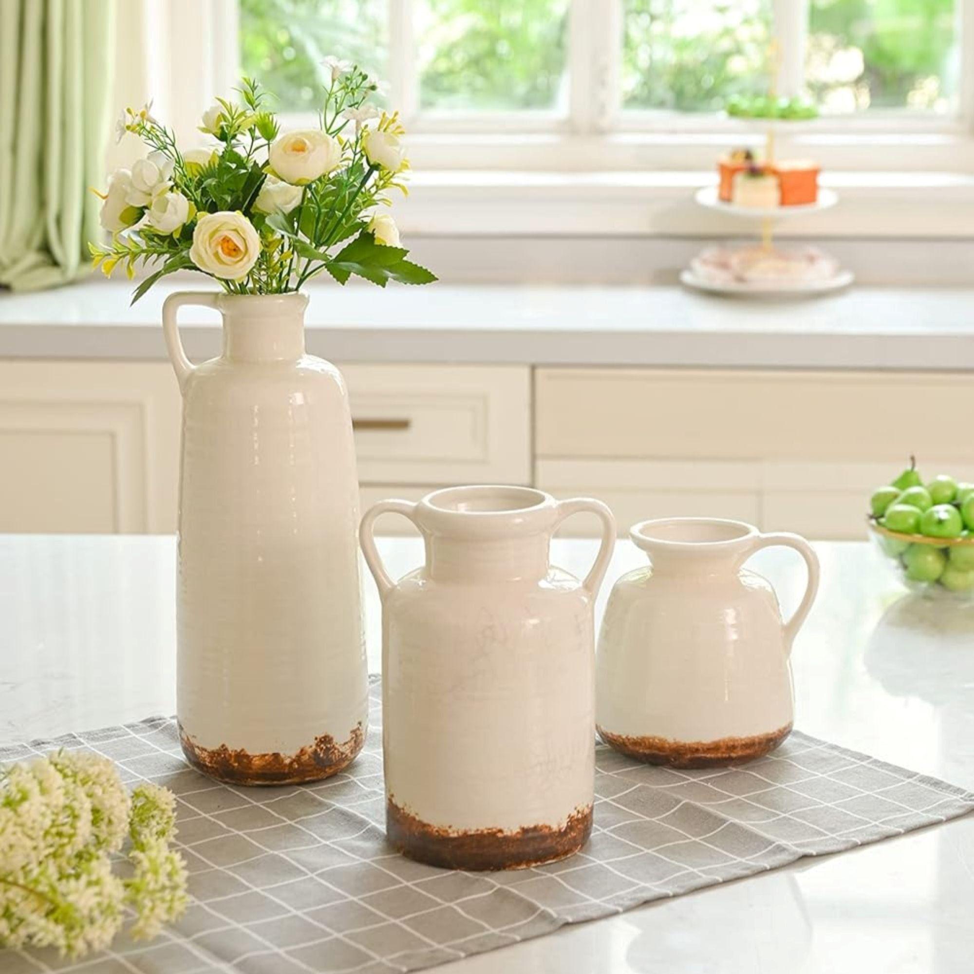 Set 3 Jarrones cerámica decorativo Blanco-Marrón Rustico-8