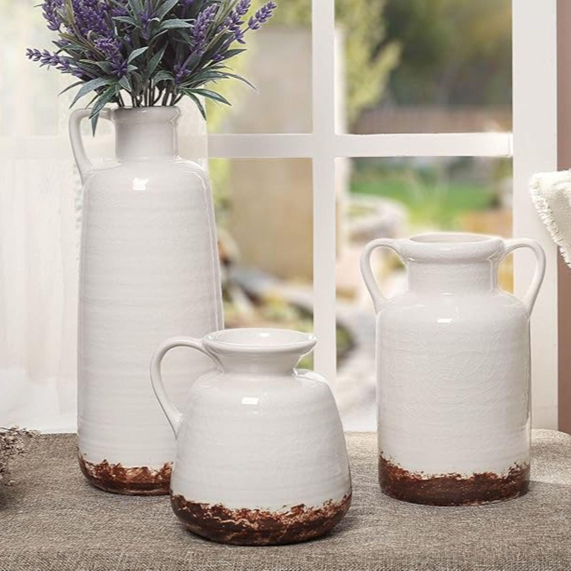Set 3 Jarrones cerámica decorativo Blanco-Marrón Rustico-9