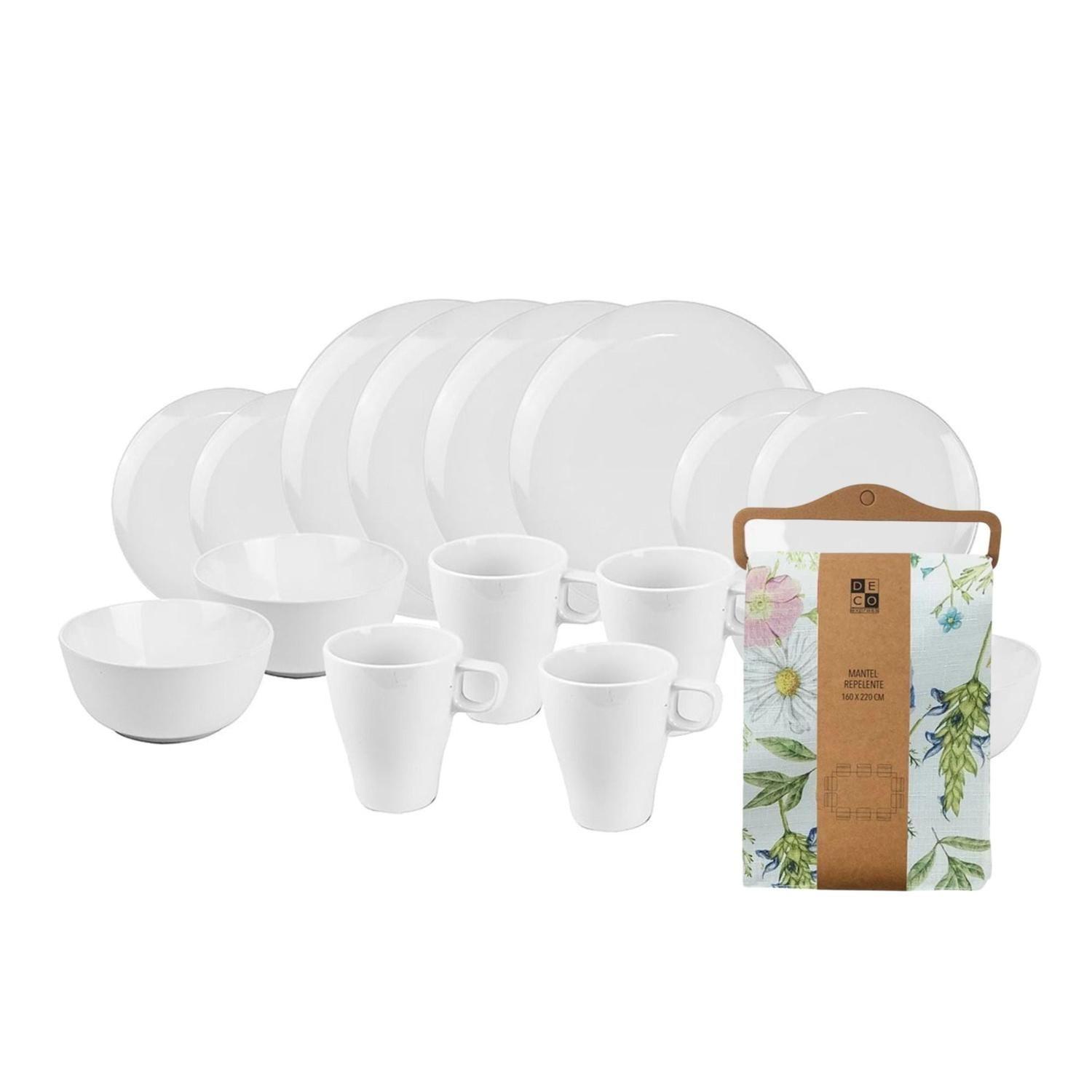 Juego de loza Blanca 16 pzs cerámica y Mantel antimanchas Primavera 160x220-0