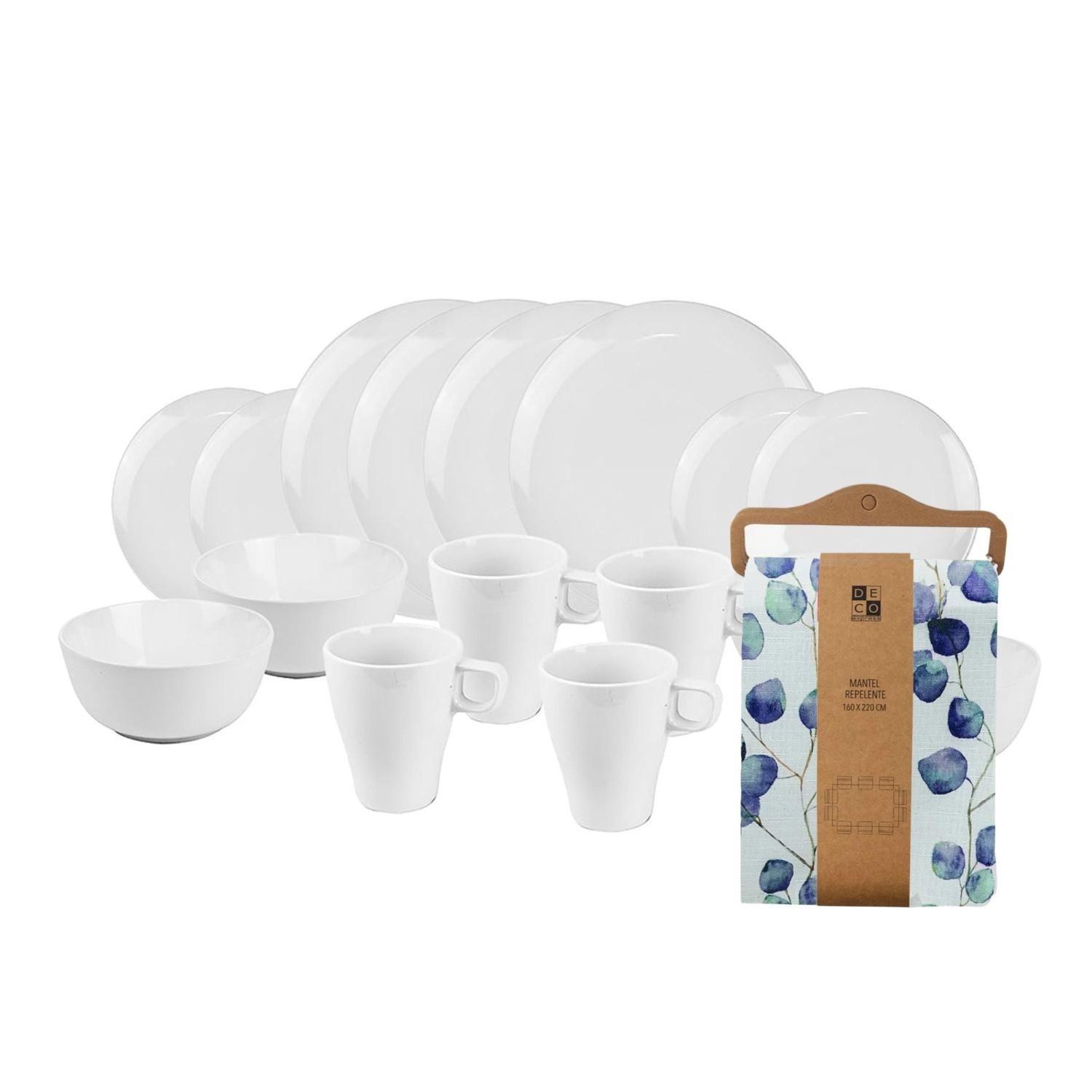 Juego de loza Blanca 16 pzs cerámica y Mantel antimanchas Eucalipto 180x280-0