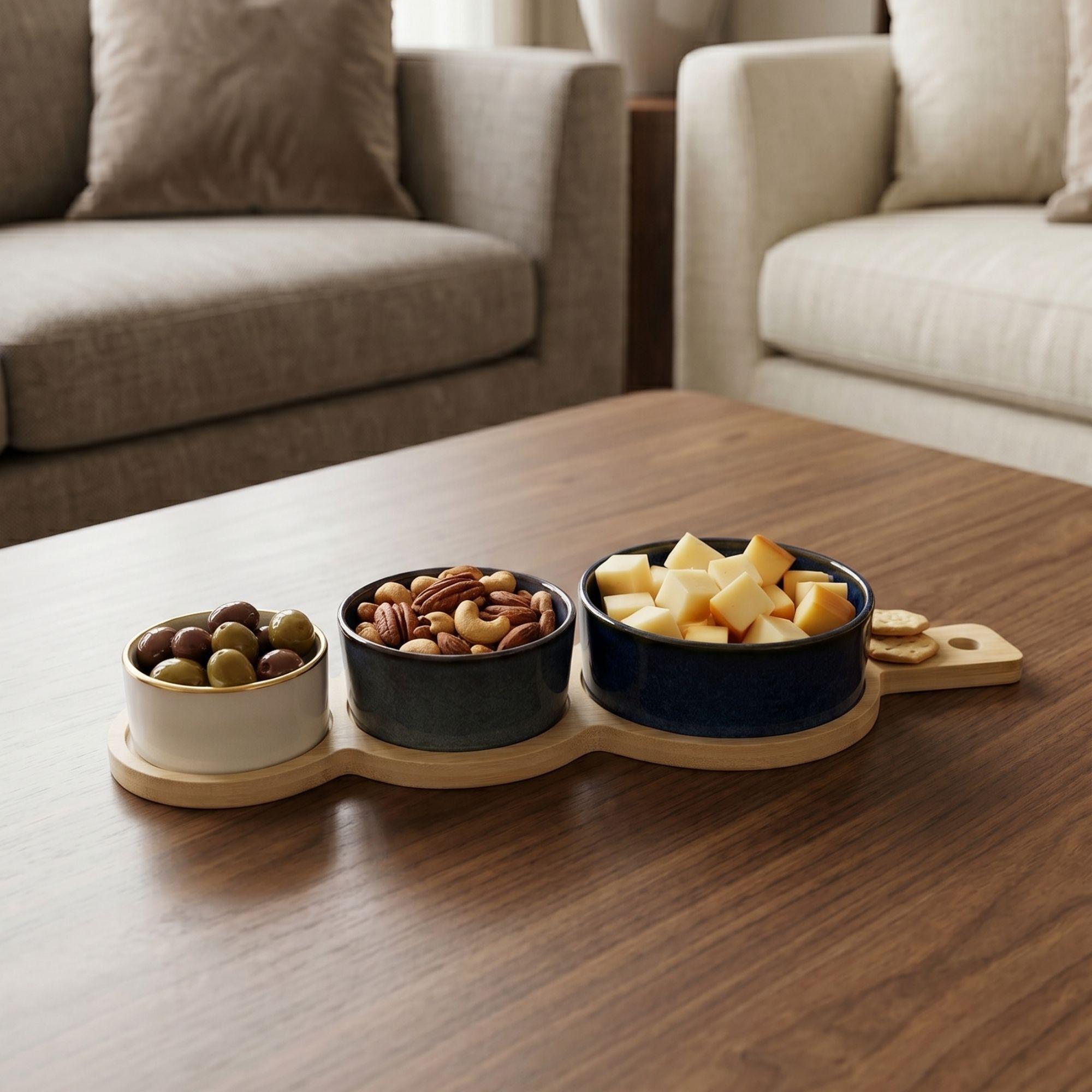 Set 3 Bowls Ceramica en 3 Tamanos con Bandeja Bamboo con Asa 35 cm-2