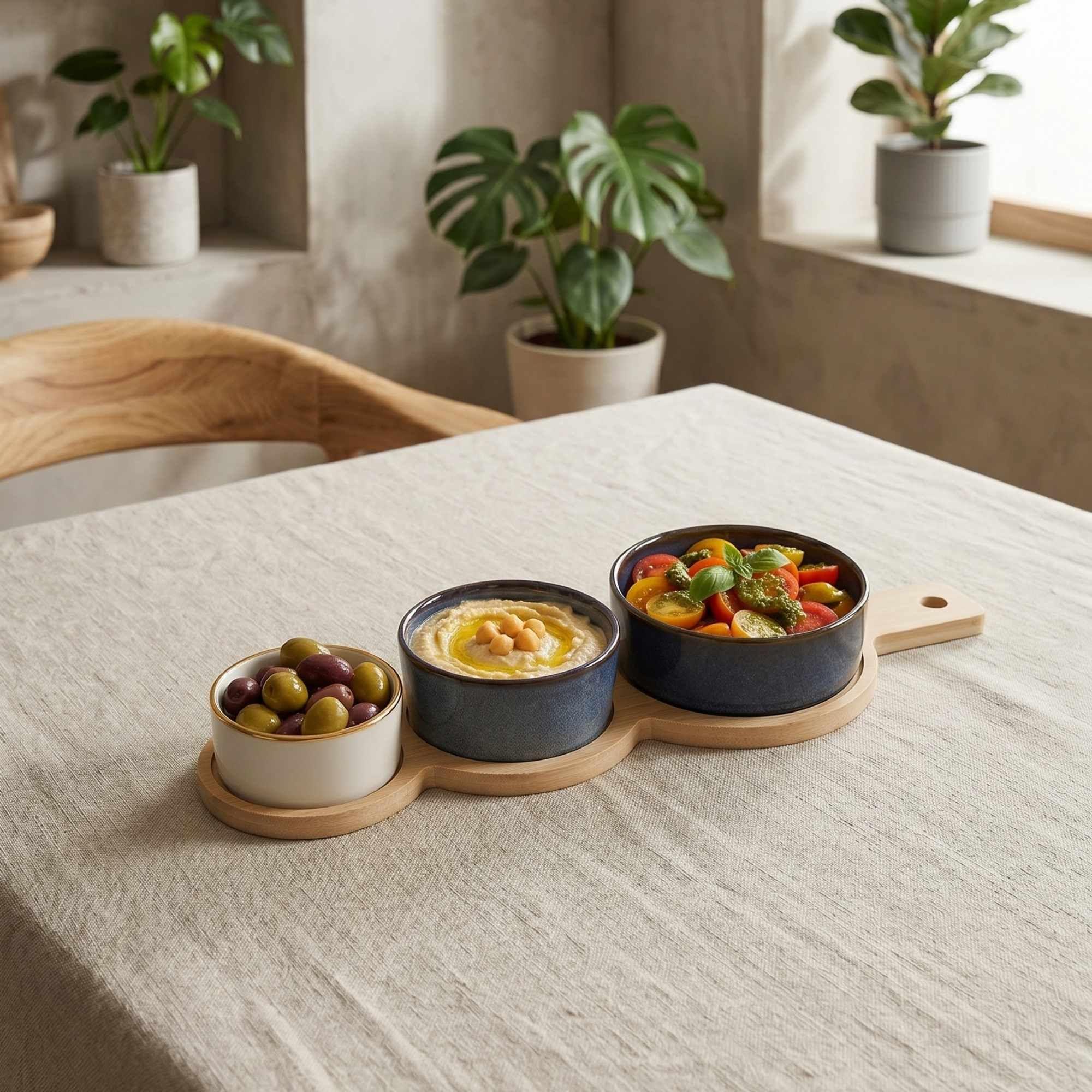 Set 3 Bowls Ceramica en 3 Tamanos con Bandeja Bamboo con Asa 35 cm-3
