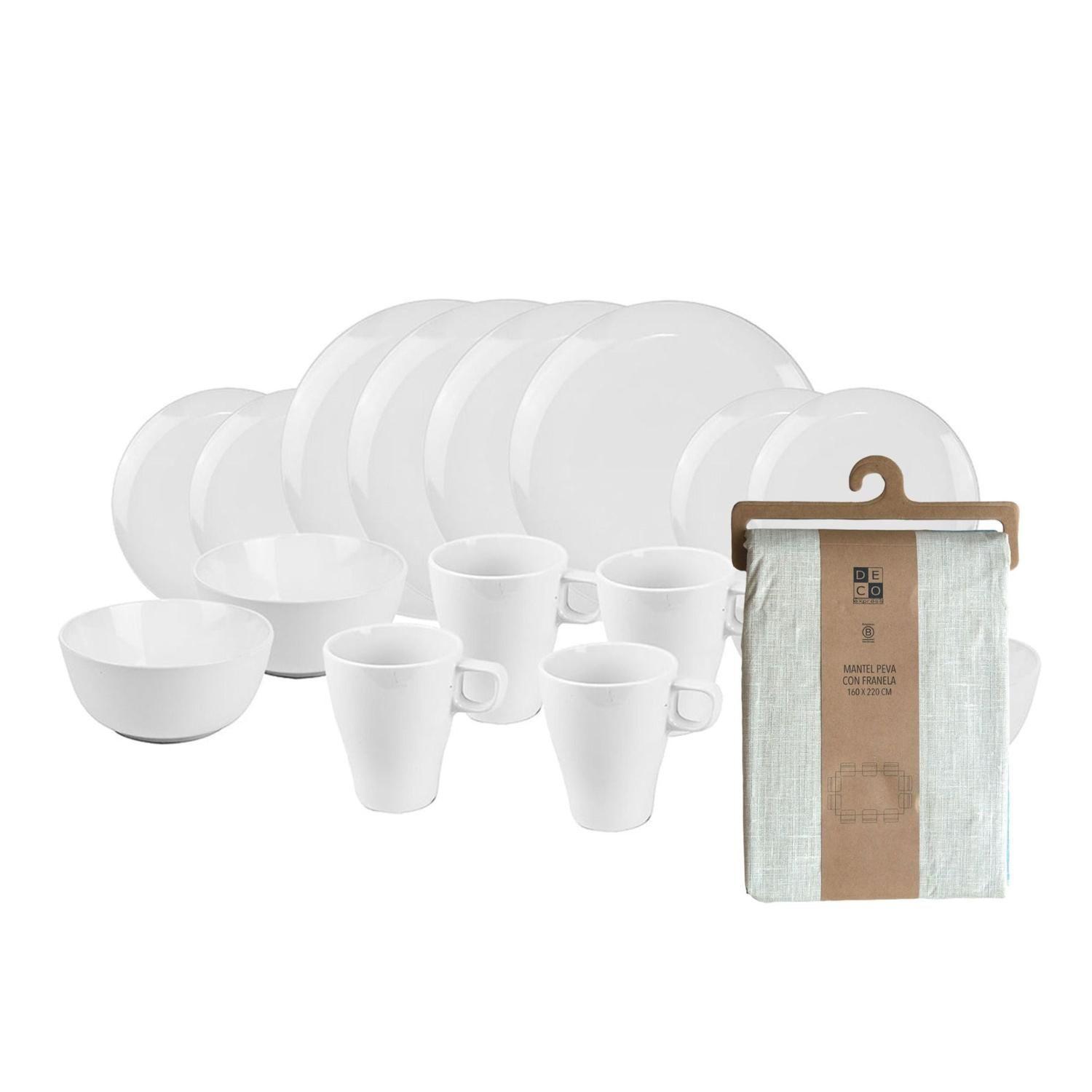 Juego de loza Blanca 16 pzs cerámica y Mantel PEVA Beige 160x220-0