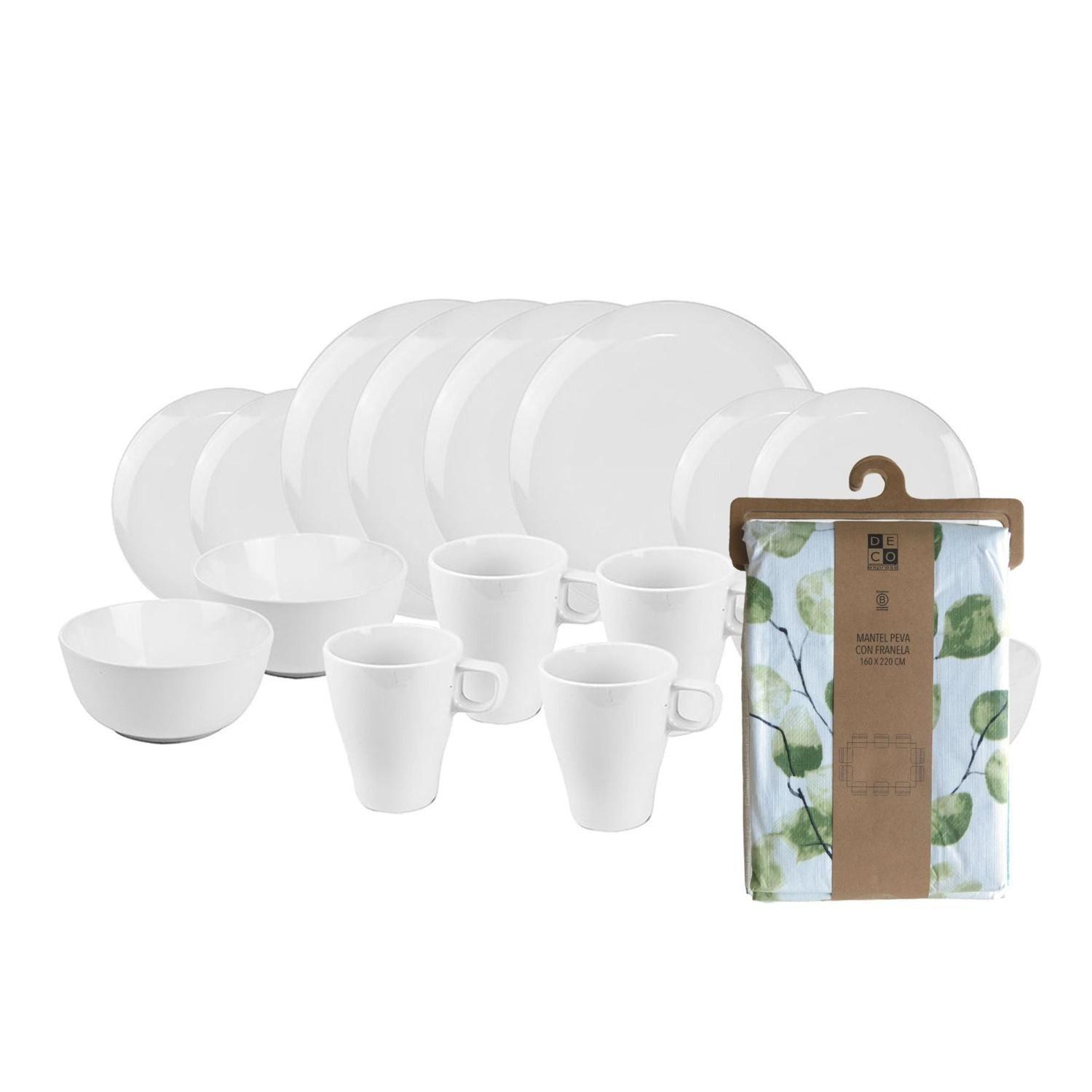Set Juego de loza Cerámica 16 piezas Vajilla Blanca y Mantel PEVA Natural 130x180-0