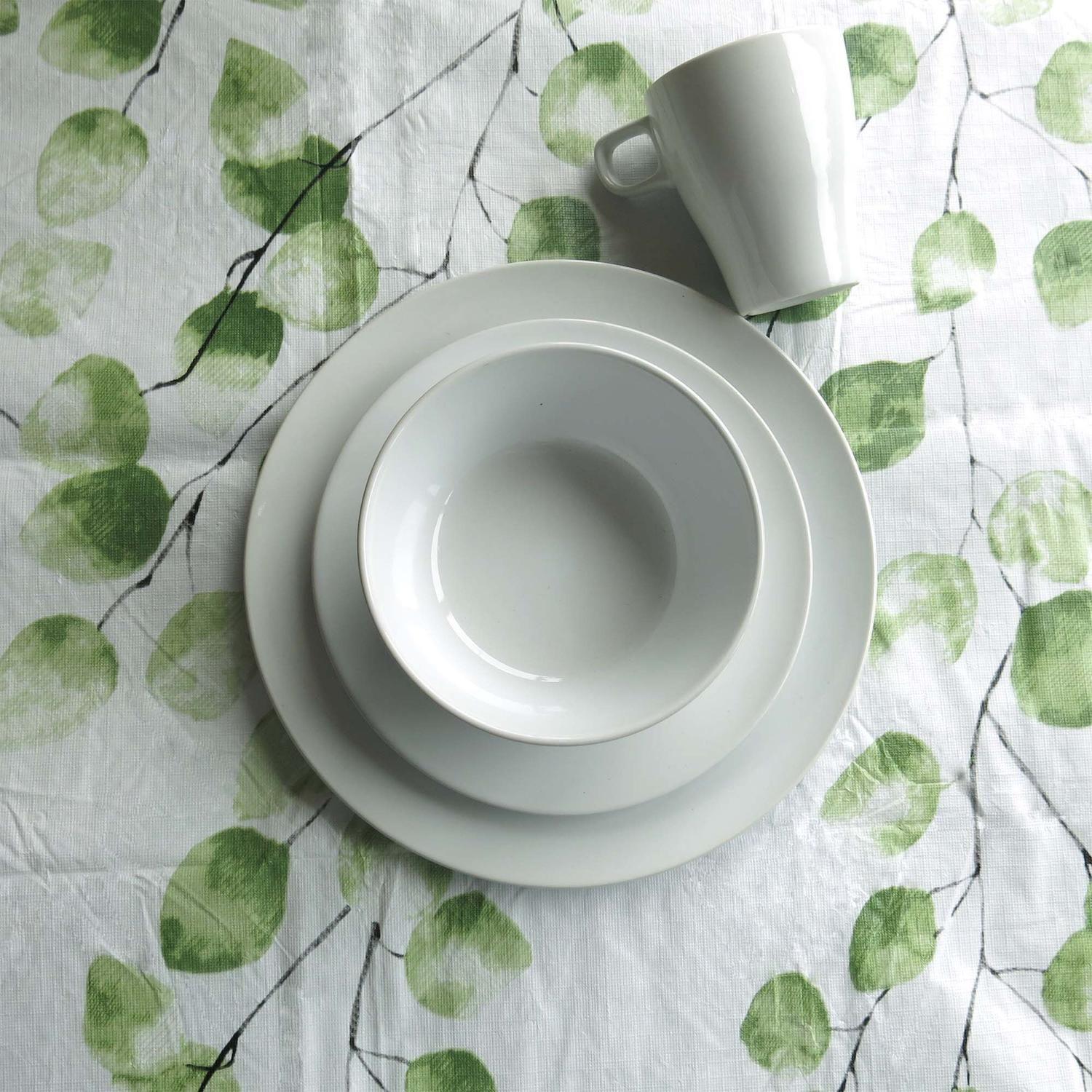 Set Juego de loza Cerámica 16 piezas Vajilla Blanca y Mantel PEVA Natural 130x180-1