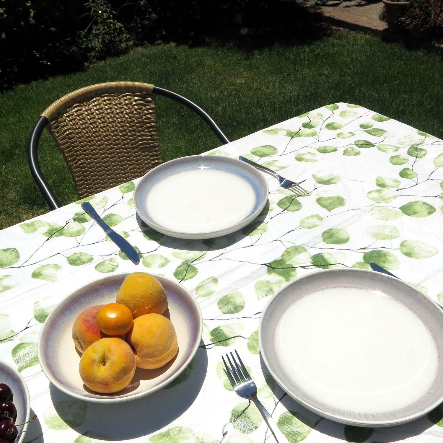 Juego de loza Blanca 16 pzs cerámica y Mantel PEVA Natural 160x220-5