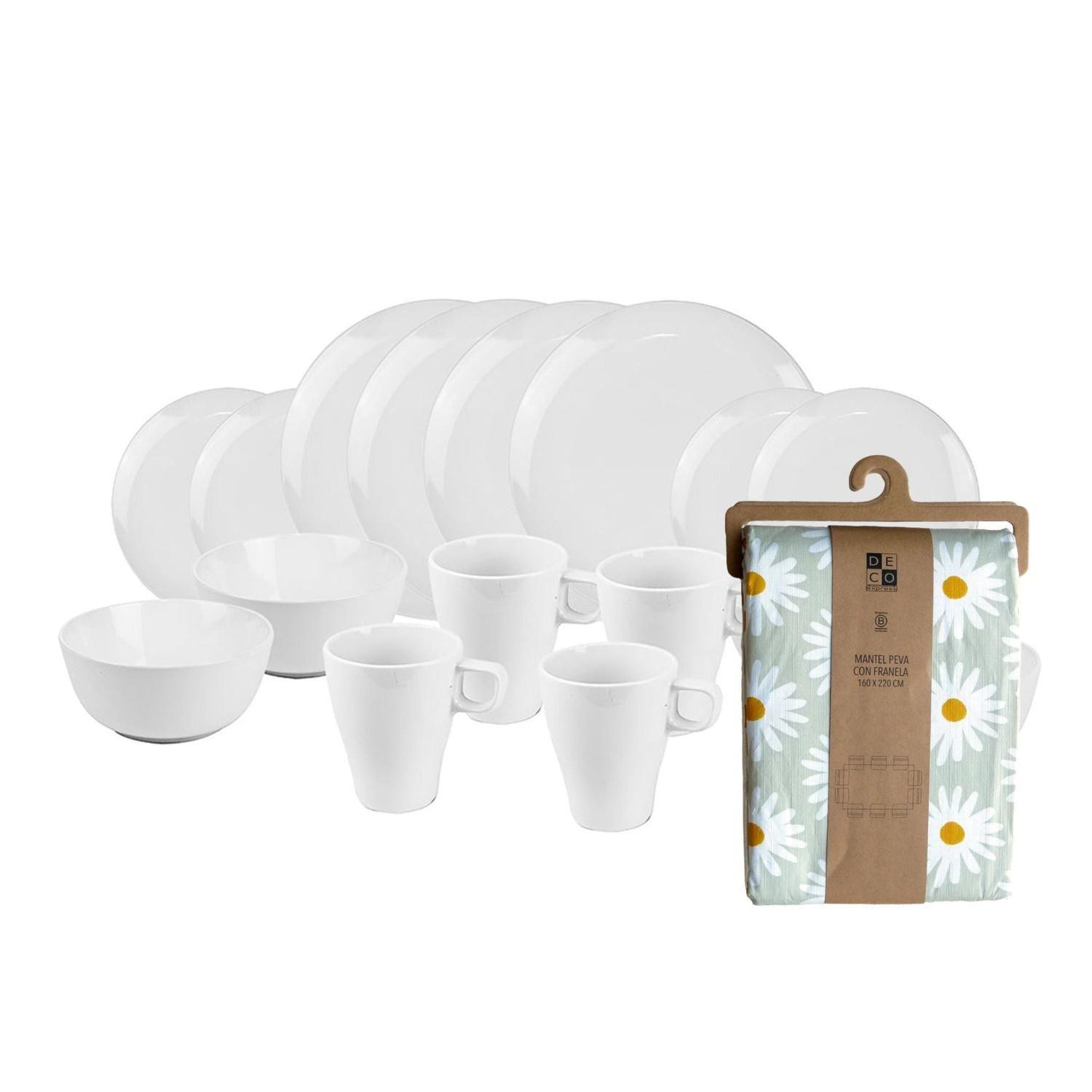 Juego de loza Blanca 16 pzs cerámica y Mantel PEVA Margarita 160x220-0