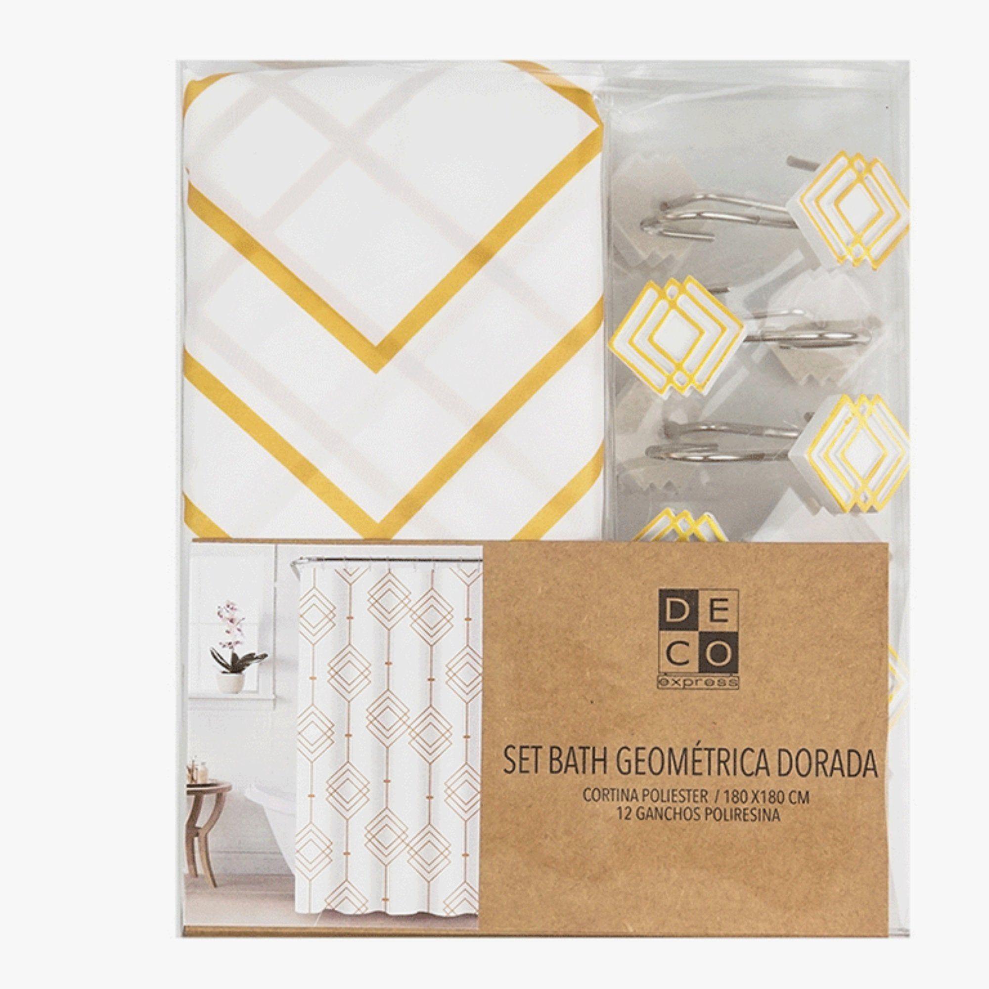 Cortina de baño 180x180 impermeable + 12 ganchos Geometrica Dorada-2