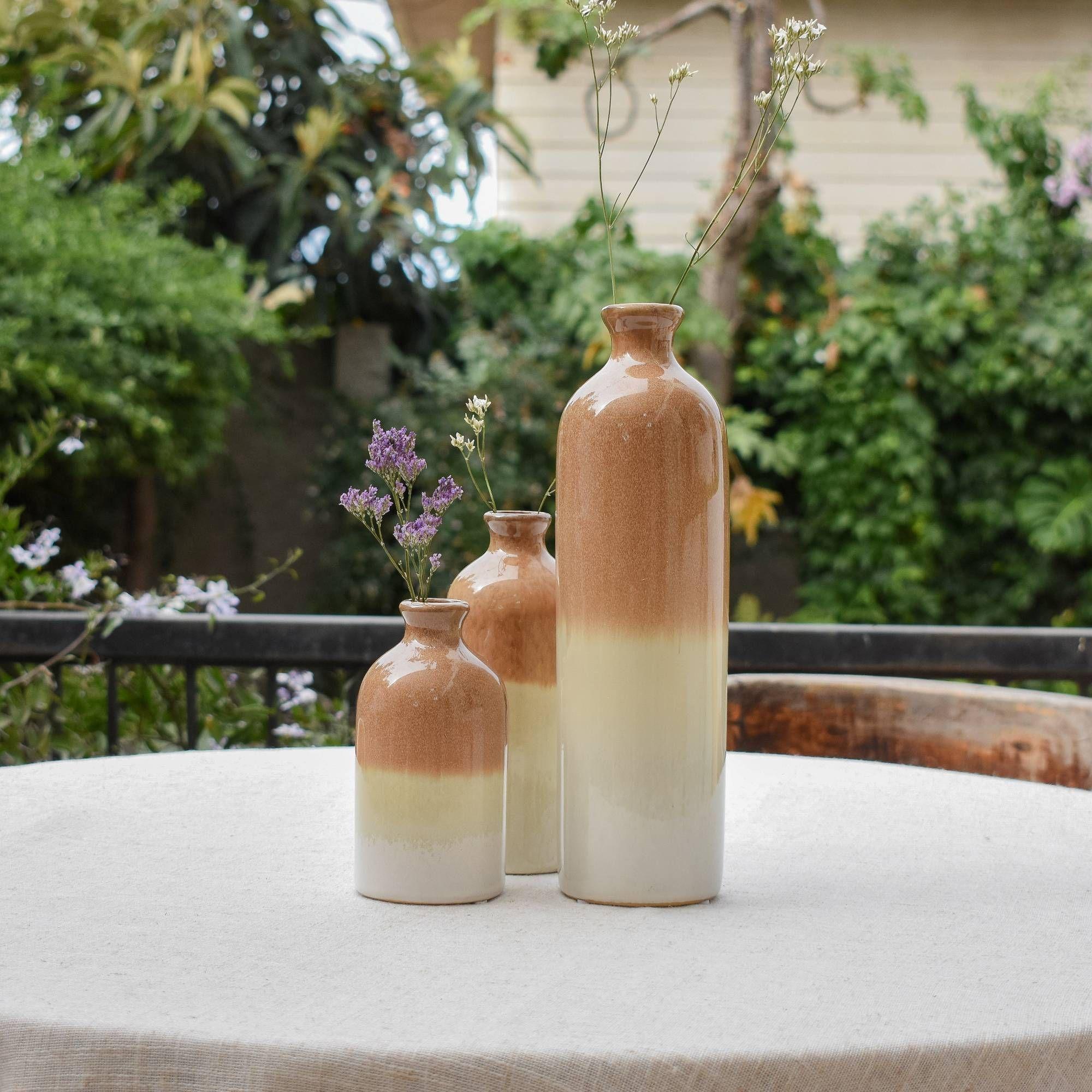 Set 3 Jarrones cerámica decorativo Blanco-Beige Rustico-3