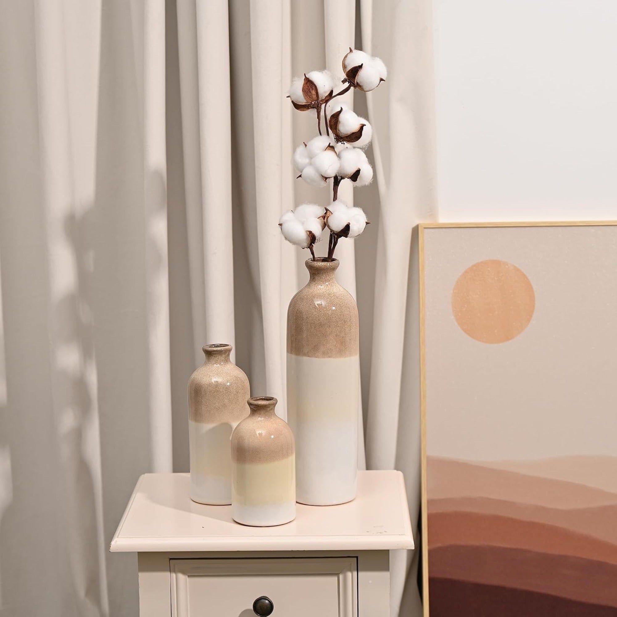 Set 3 Jarrones cerámica decorativo Blanco-Beige Rustico-7