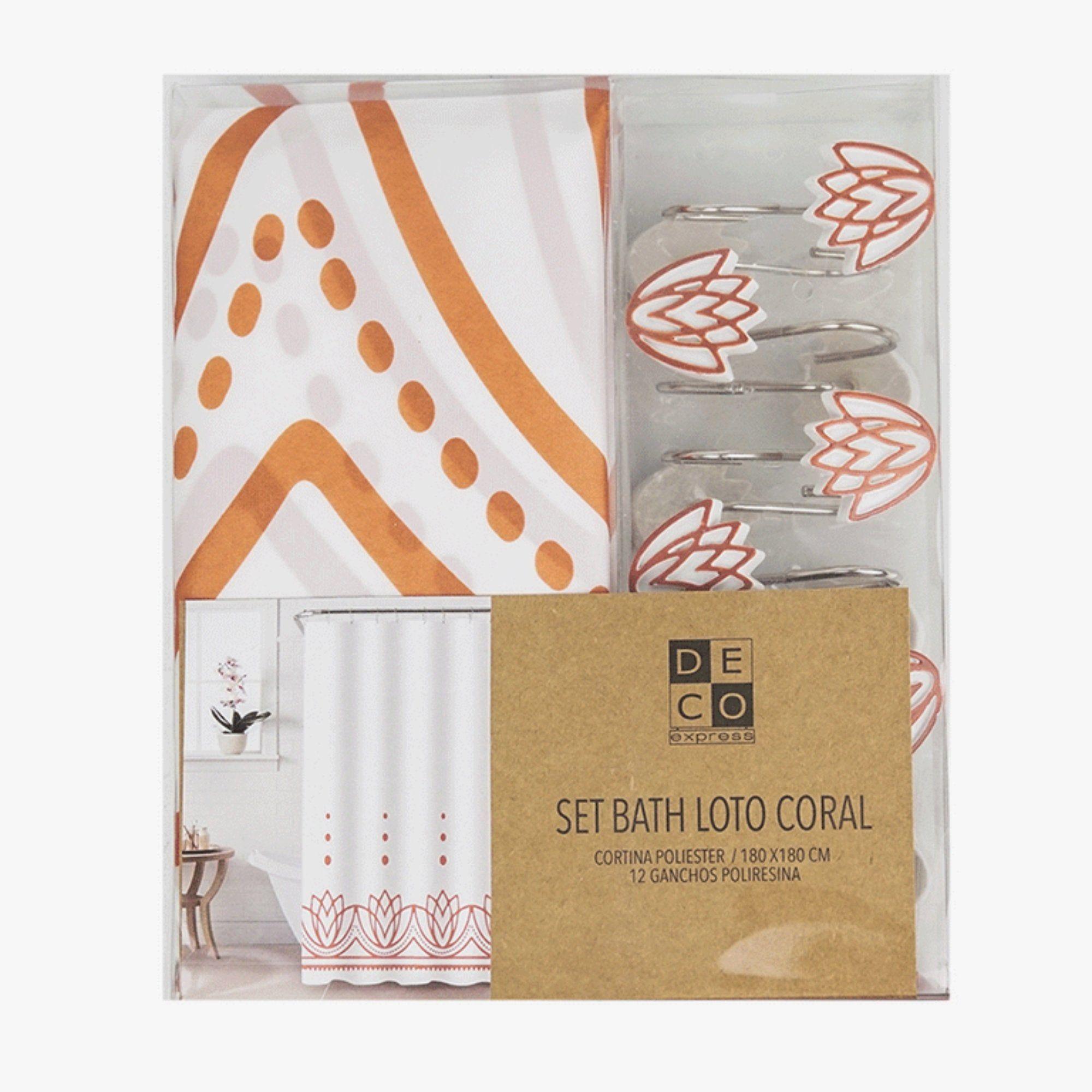 Cortina de baño 180x180 impermeable + 12 ganchos Loto Coral-2