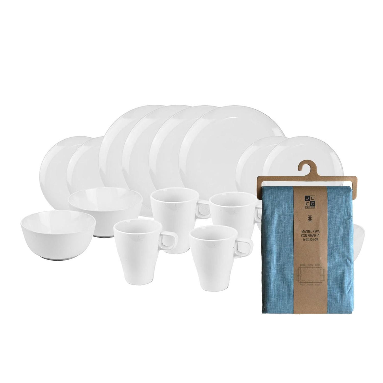 Juego de loza Blanca 16 pzs cerámica y Mantel PEVA Azul 180x280-0