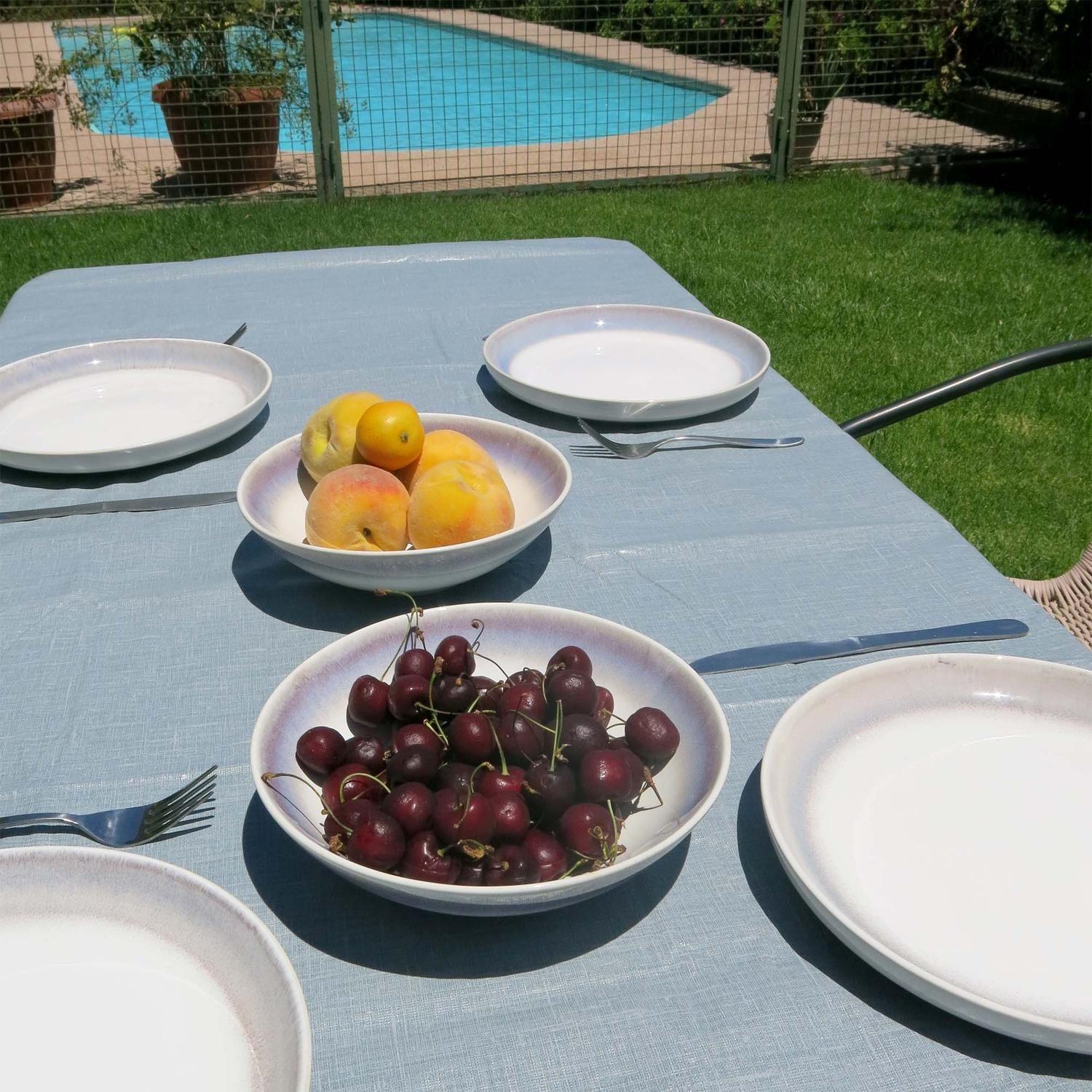 Juego de loza Blanca 16 pzs cerámica y Mantel PEVA Azul 180x280-3