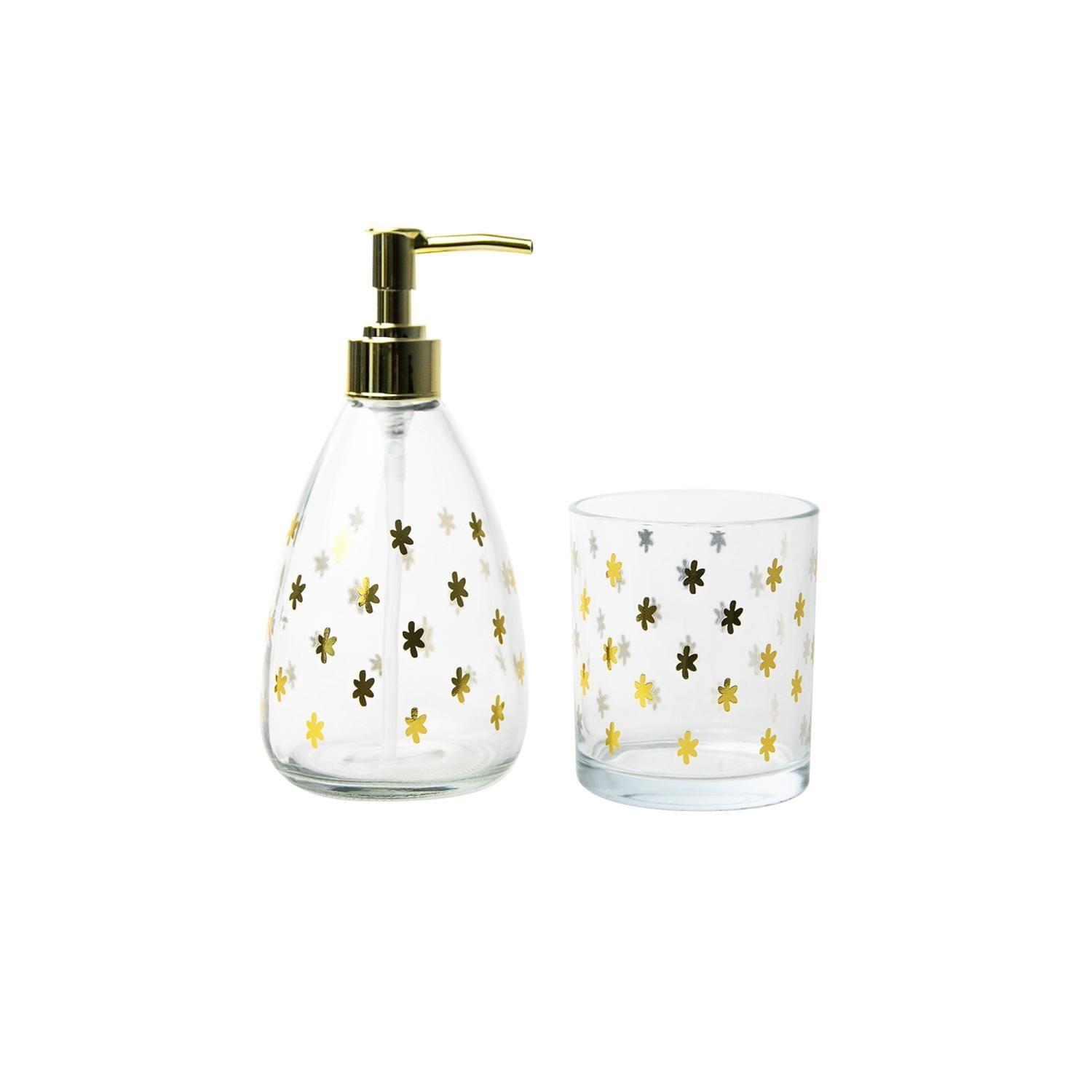 Set 2 accesorios de baño Piezas Dispensador y Vaso Estrellas Gold-0