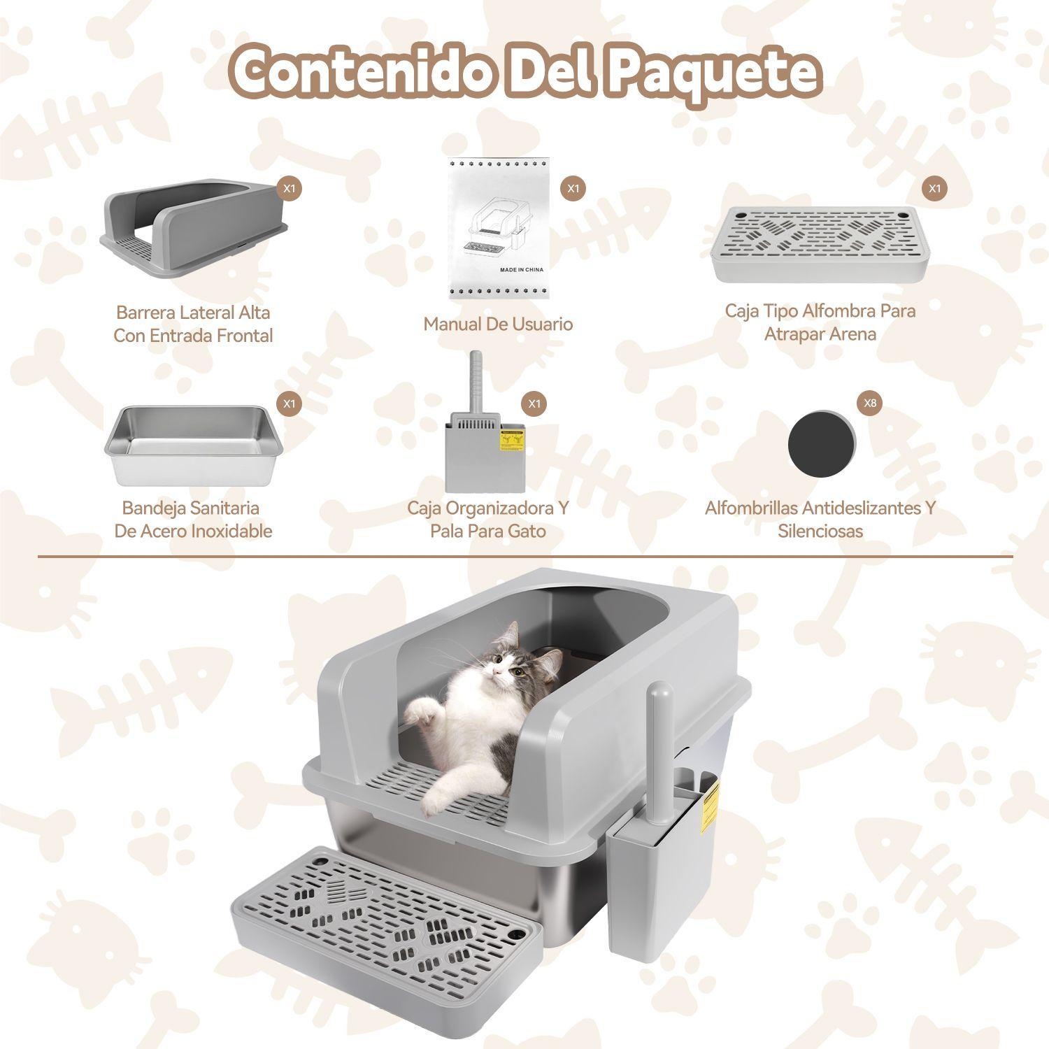 Set Arenero Gatos Michis Bano Sanitario Acero Inoxidable Xxl Gris-6