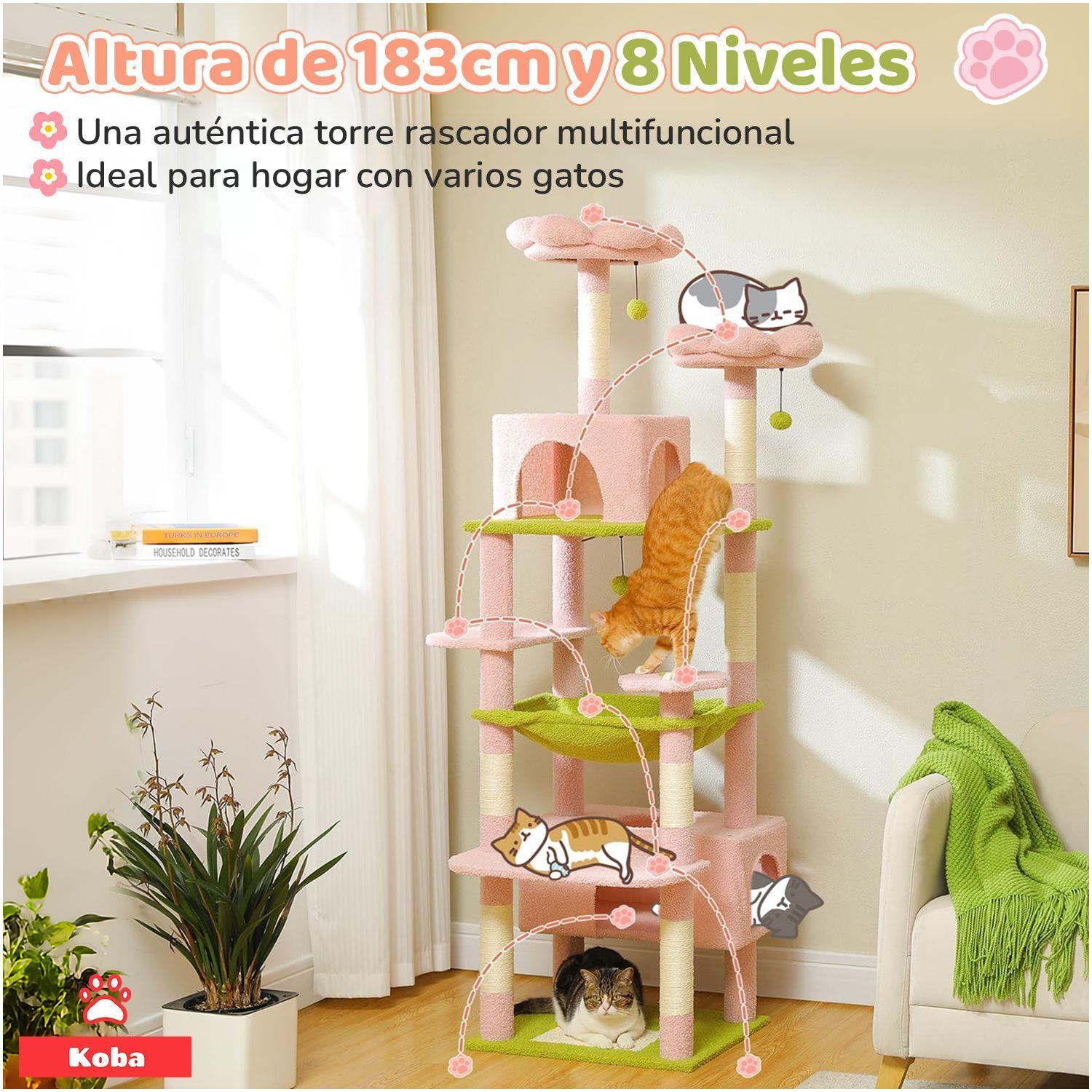 Torre Rascador Para Gatos Casa De Michis Floral Enorme 183cm Color Rosa Con Verde-7
