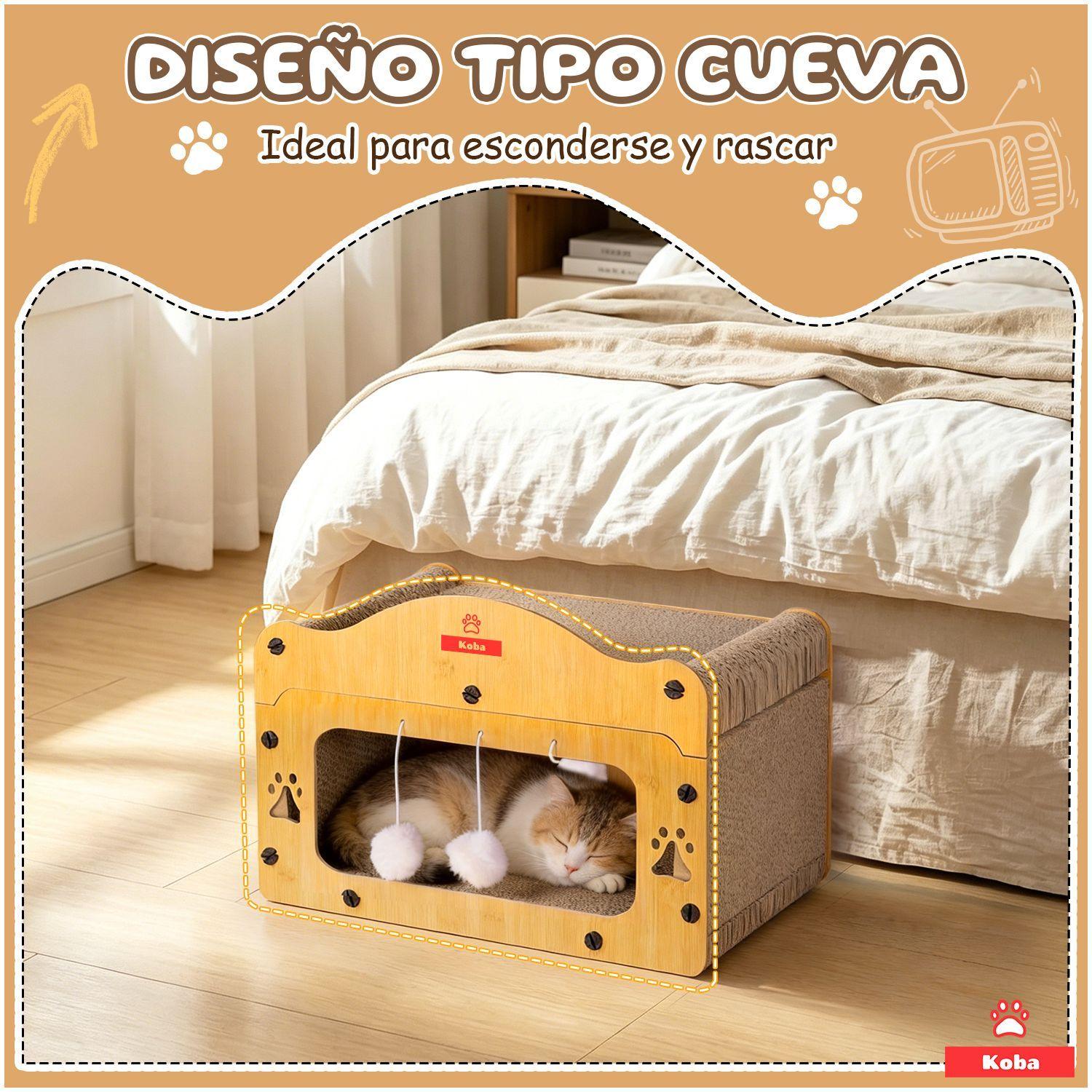 Rascador Casa De Carton Para Gatos Michis Tipo Cueva Con Pompones Color Madera-4