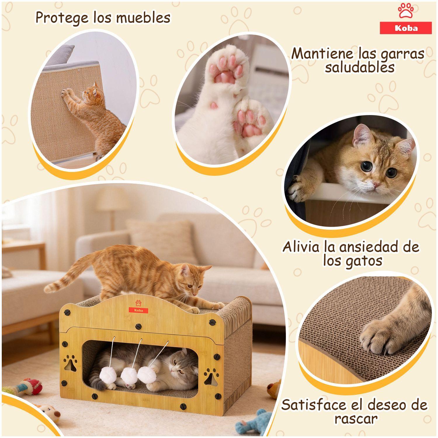Rascador Casa De Carton Para Gatos Michis Tipo Cueva Con Pompones Color Madera-8