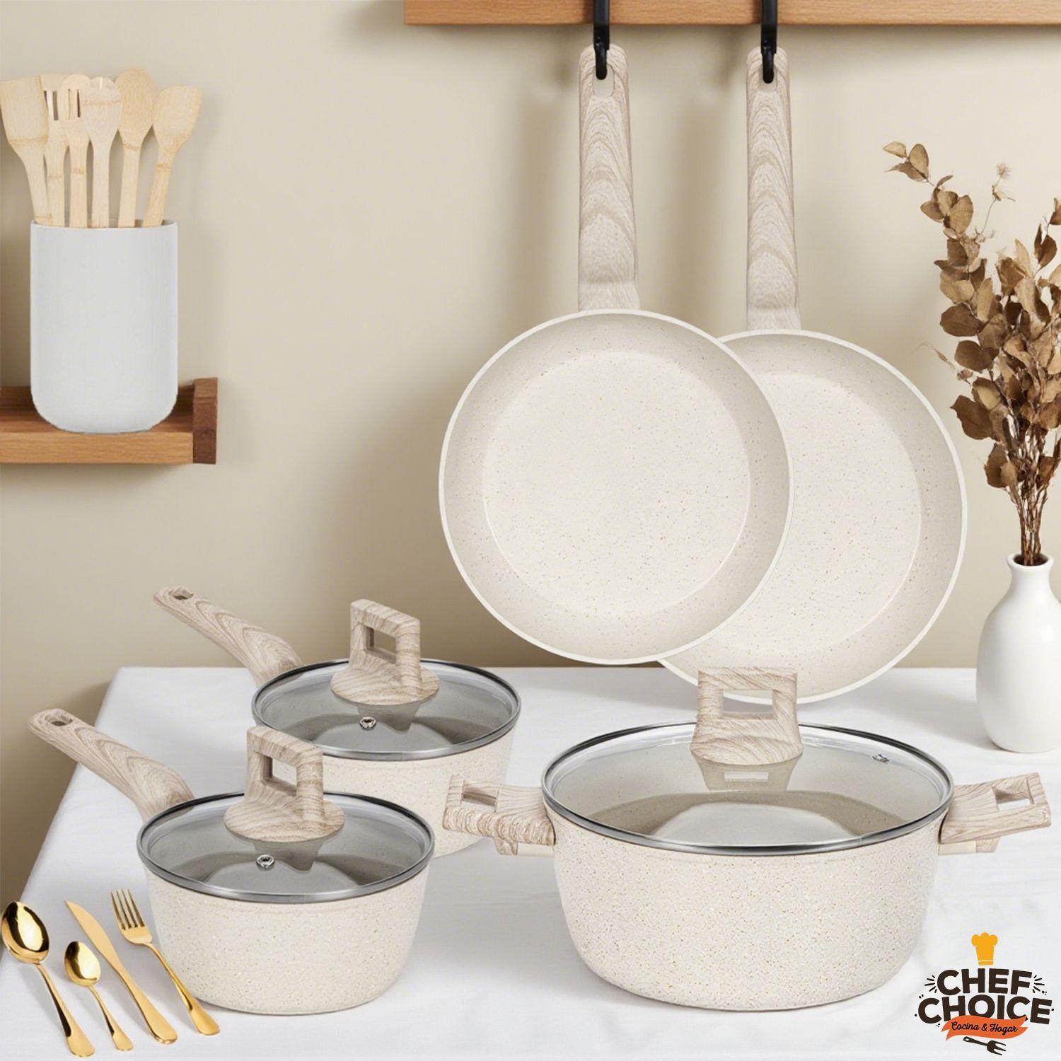 Bateria De Cocina Aluminio 38 Pcs Antiadherente Granito Color Blanco Crema-3