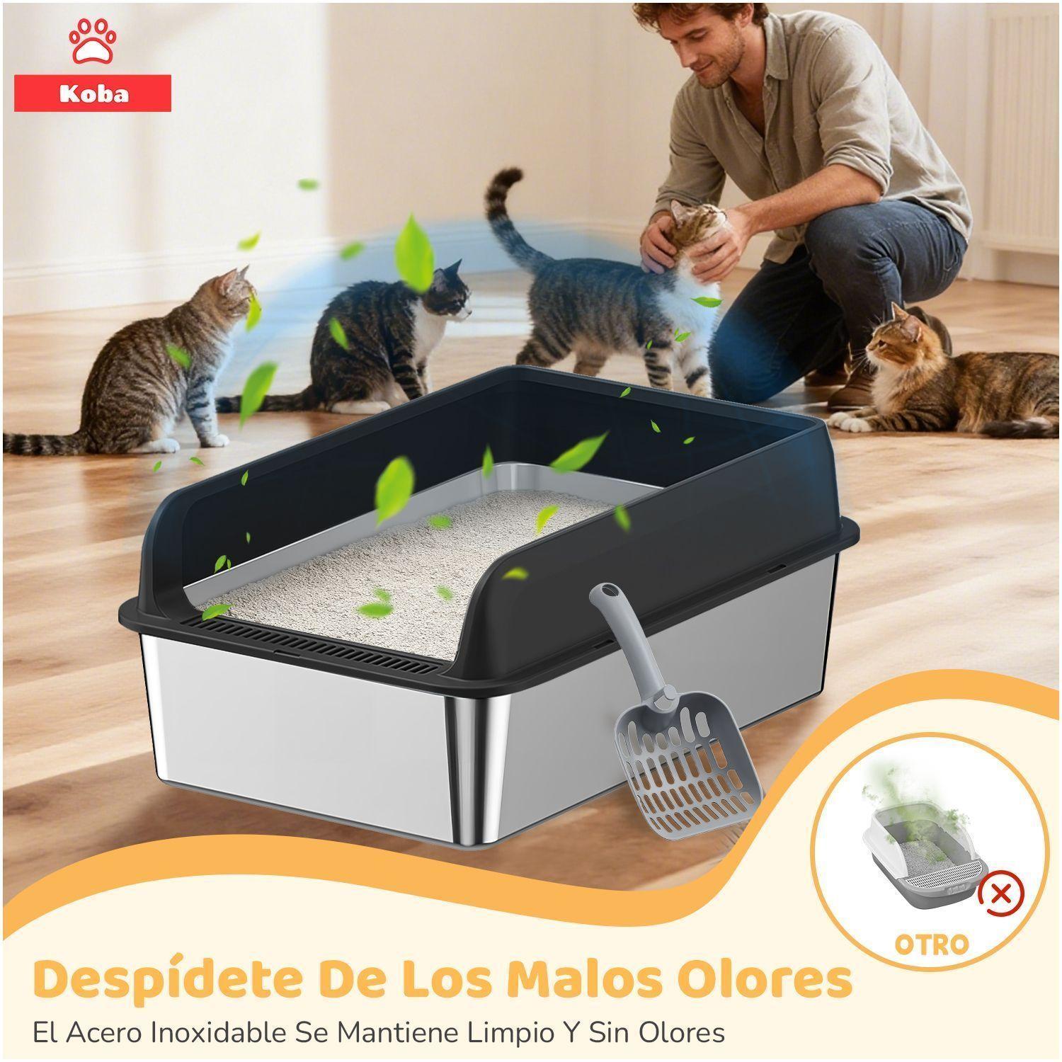 Arenero Gato Grande Bano Sanitario Acero Inox Con Pala Negro-3