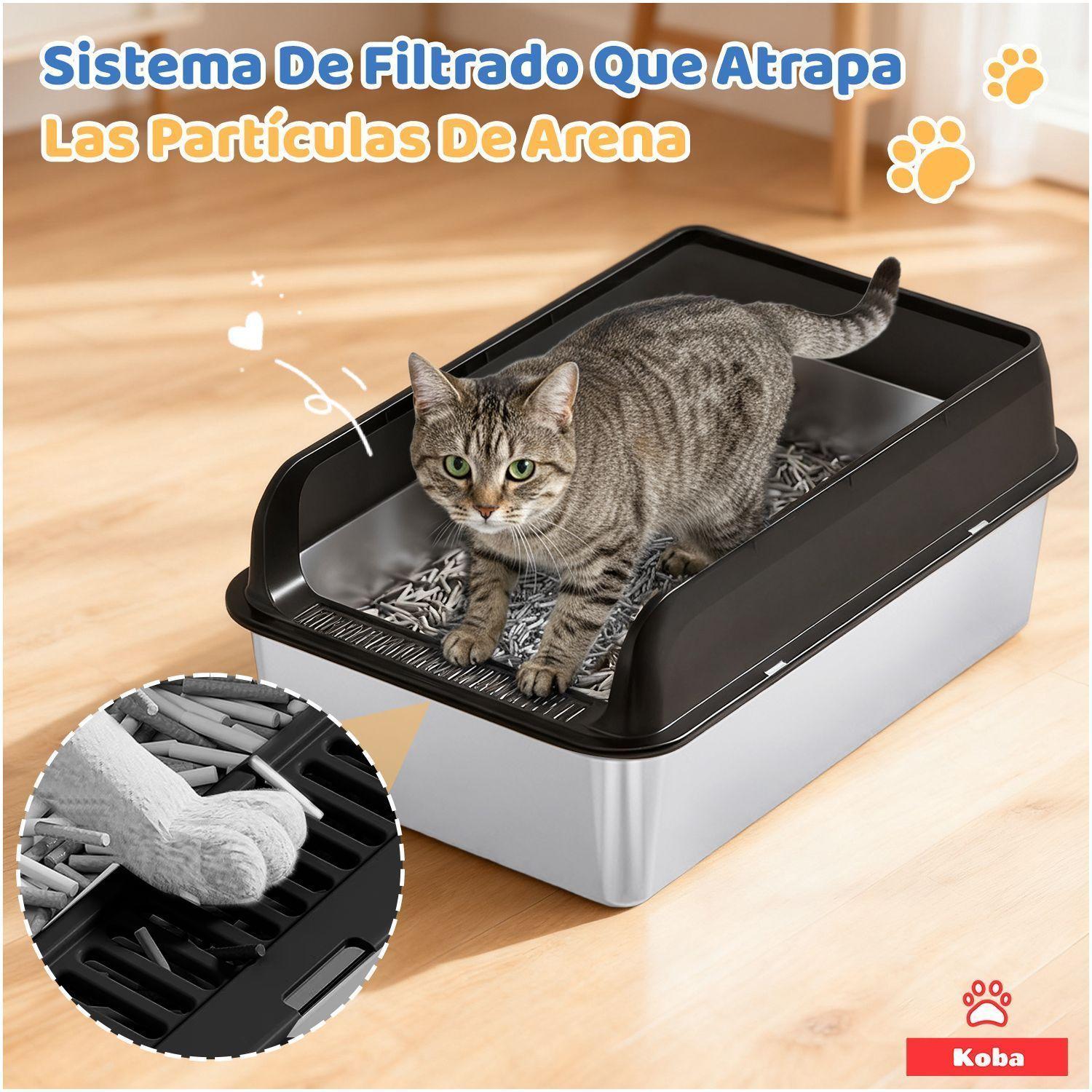 Arenero Gato Grande Bano Sanitario Acero Inox Con Pala Negro-4