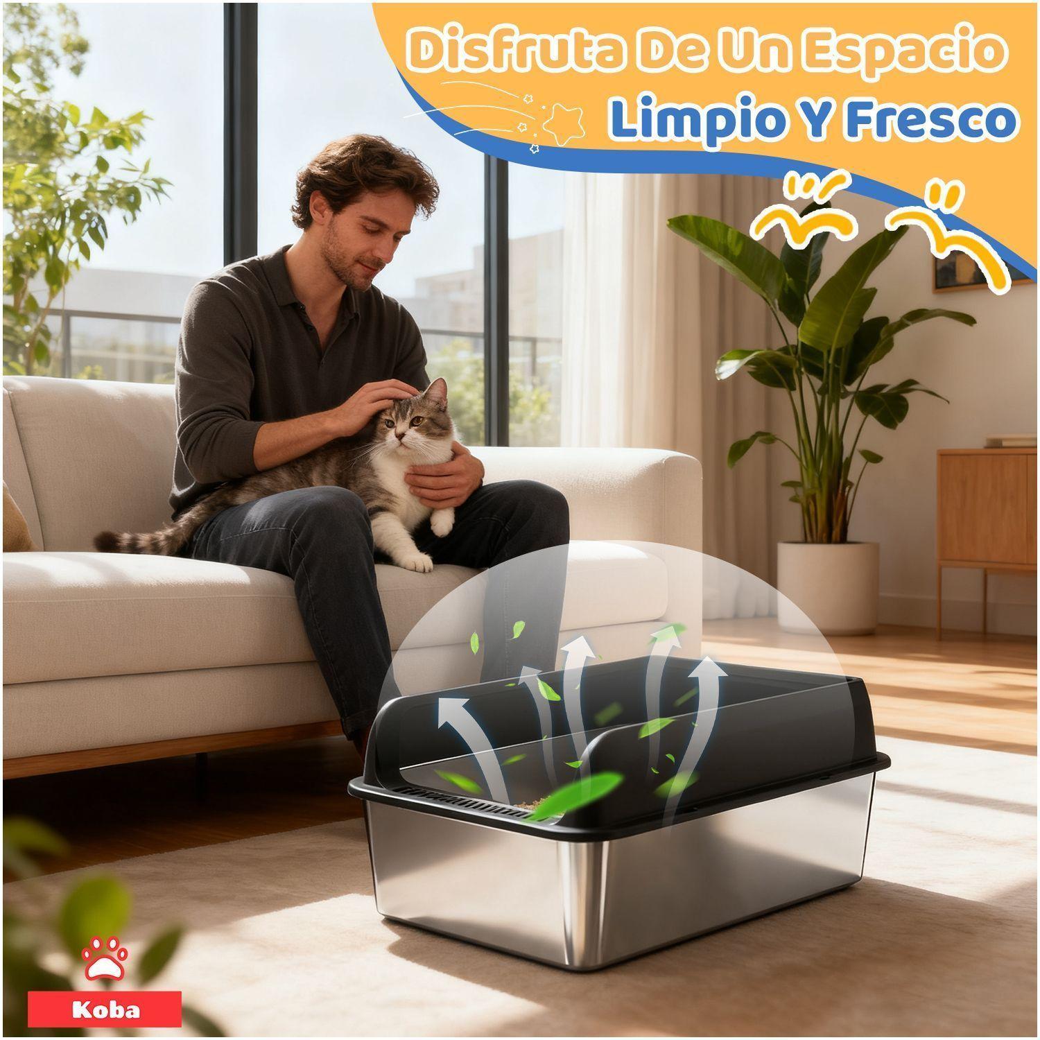 Arenero Gato Grande Bano Sanitario Acero Inox Con Pala Negro-5