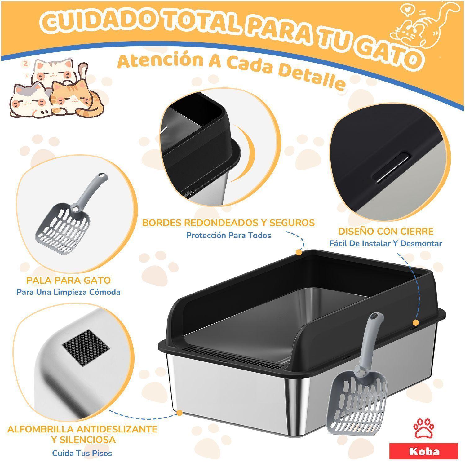 Arenero Gato Grande Bano Sanitario Acero Inox Con Pala Negro-6