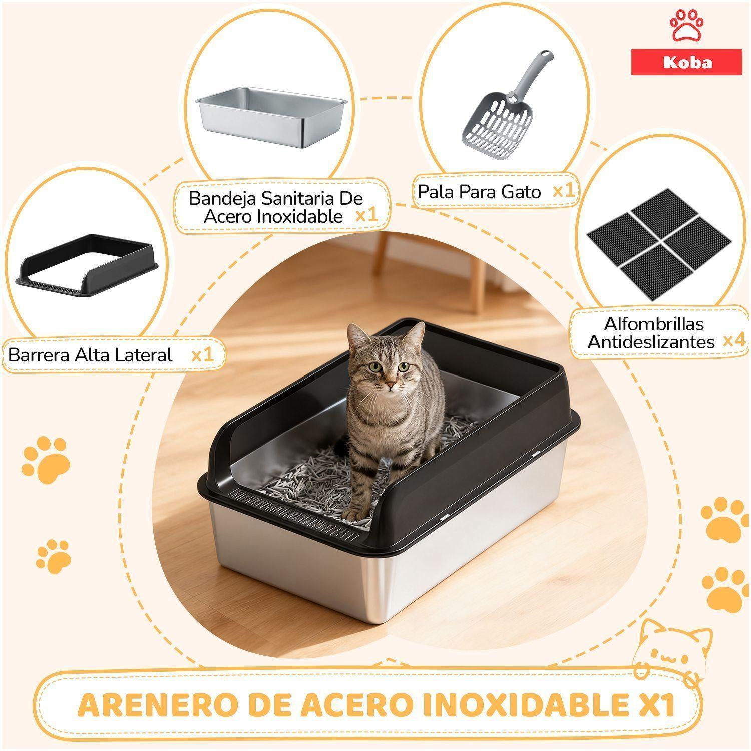 Arenero Gato Grande Bano Sanitario Acero Inox Con Pala Negro-9